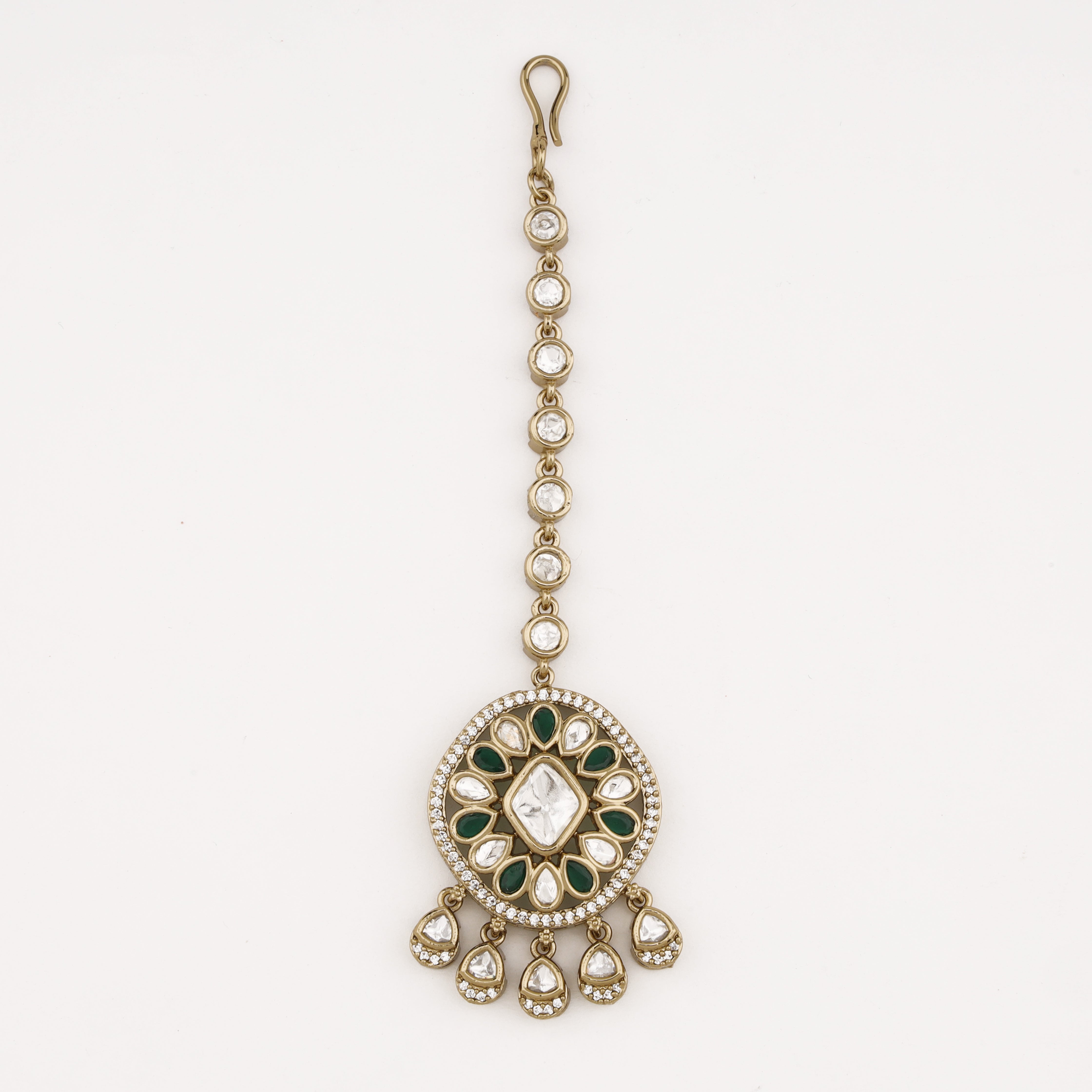 Emerald Bloom Crystal Maang Tika with crystal stones and green accents by US Catalog