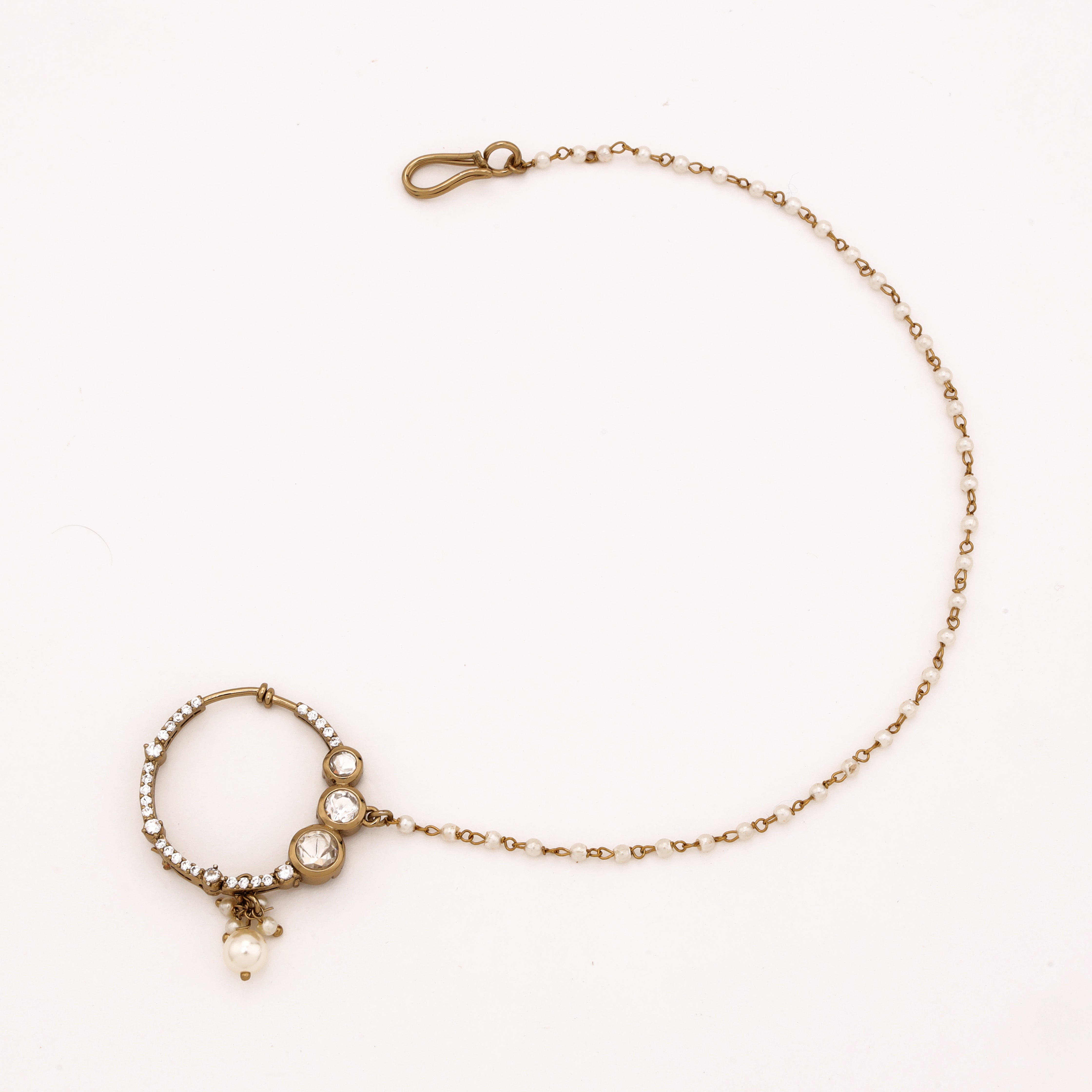 Antique gold Prisha triple polki pearl nath with three round white stones, crystal hoop and attached beaded chain from US Catalog