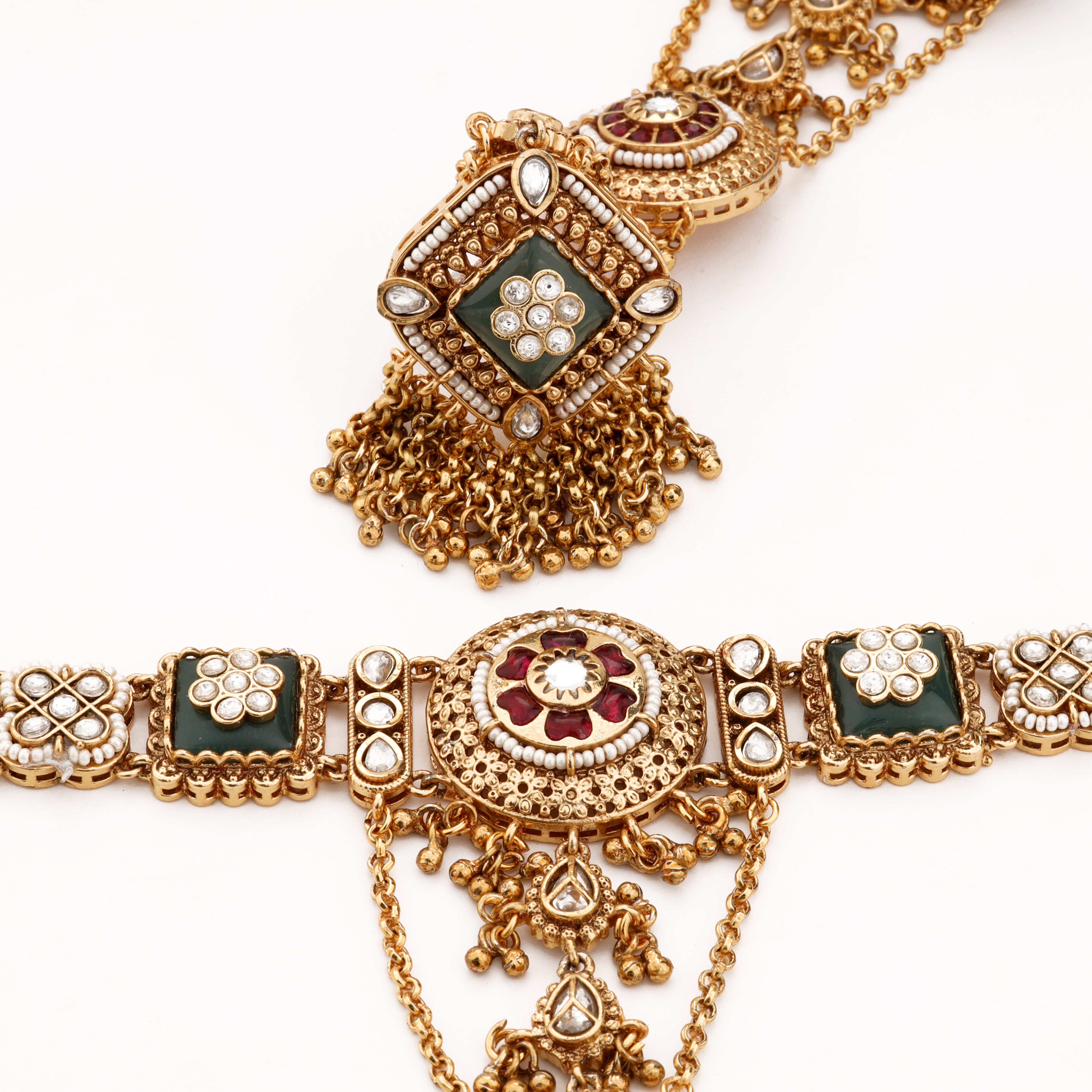 Royal Green Pink Kundan Layered Hathphool