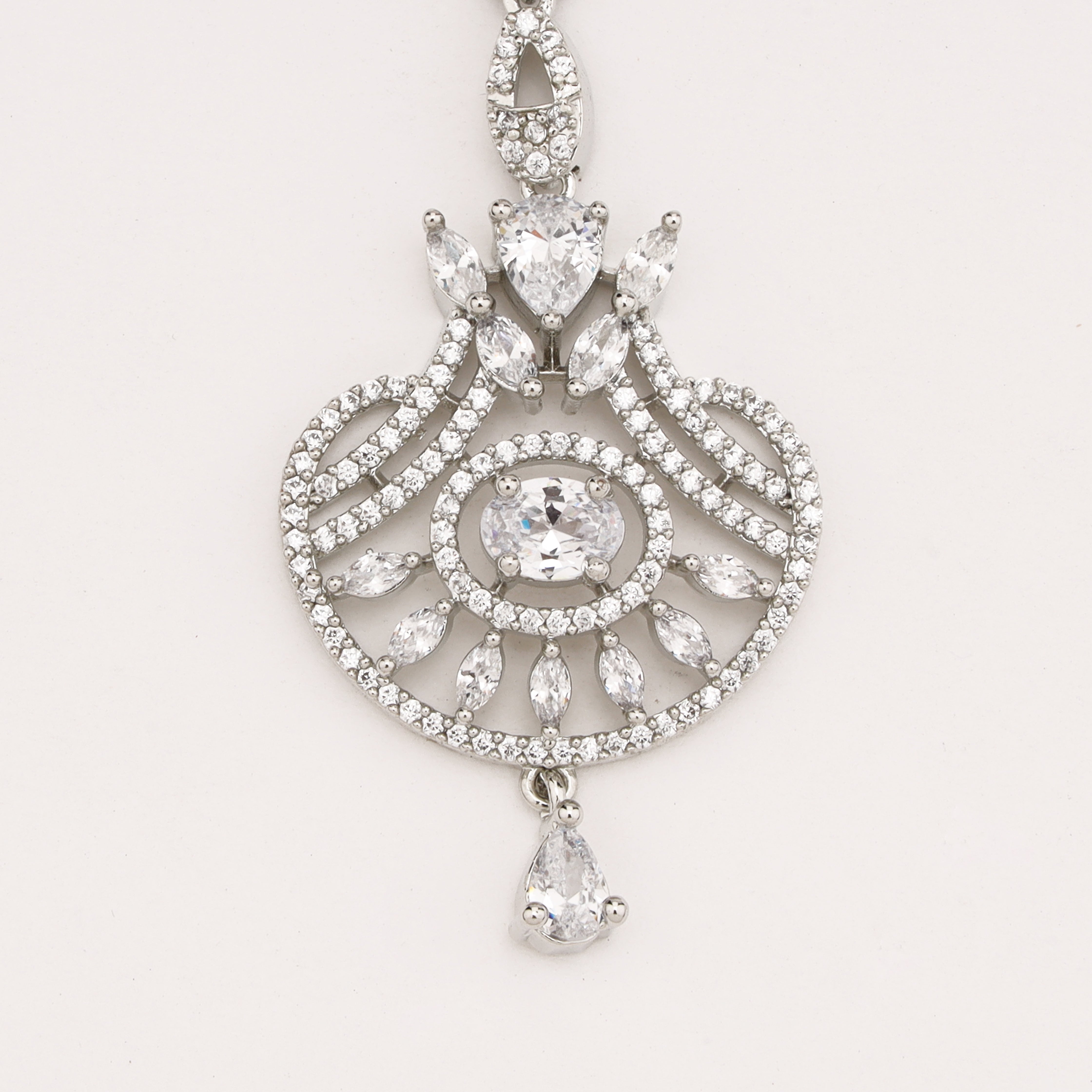 Silver Finish American Diamond Oval Solitaire Chand Maang Tikka