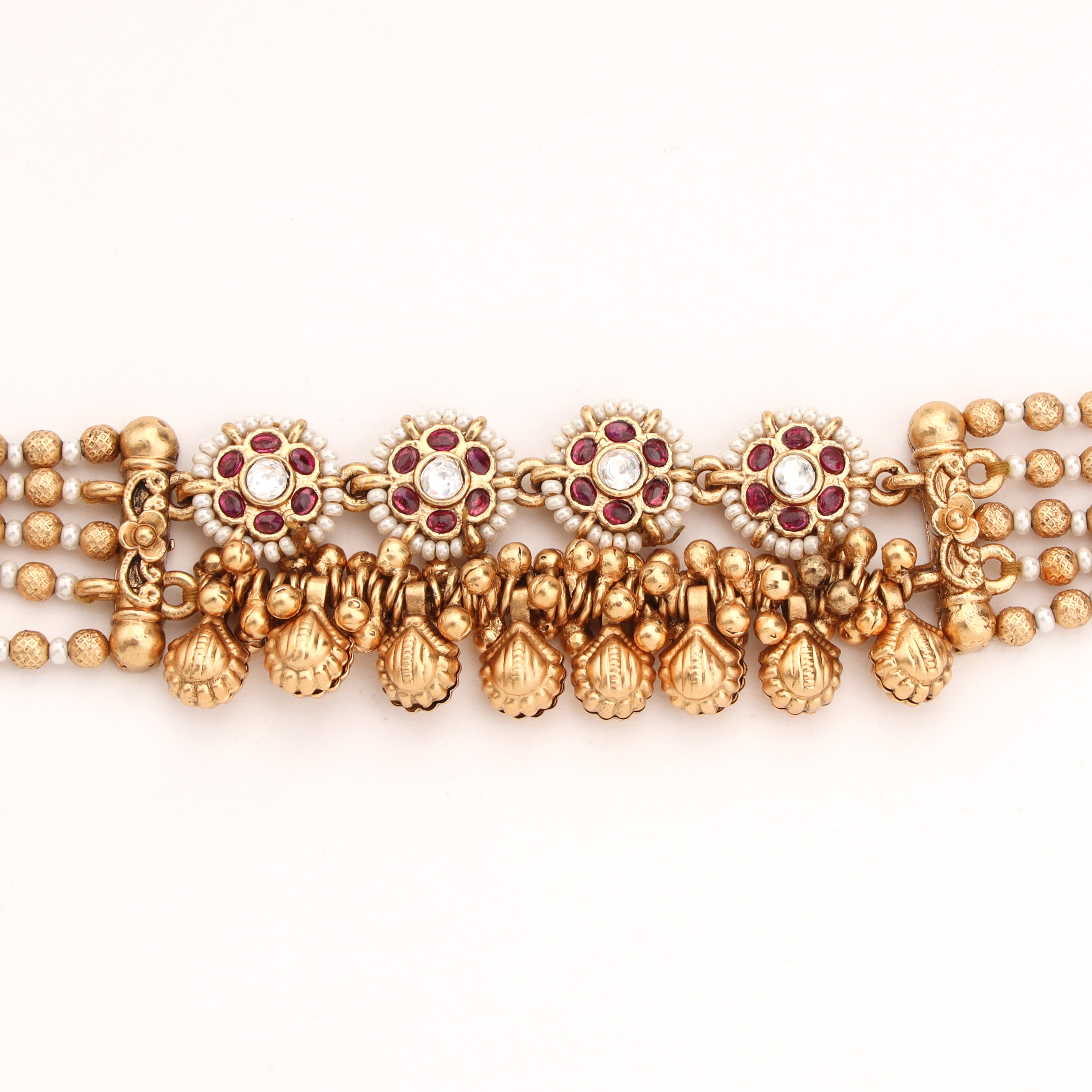 Antique Gold Floral Kundan Pearl Cluster Ghungroo Traditional Bracelet
