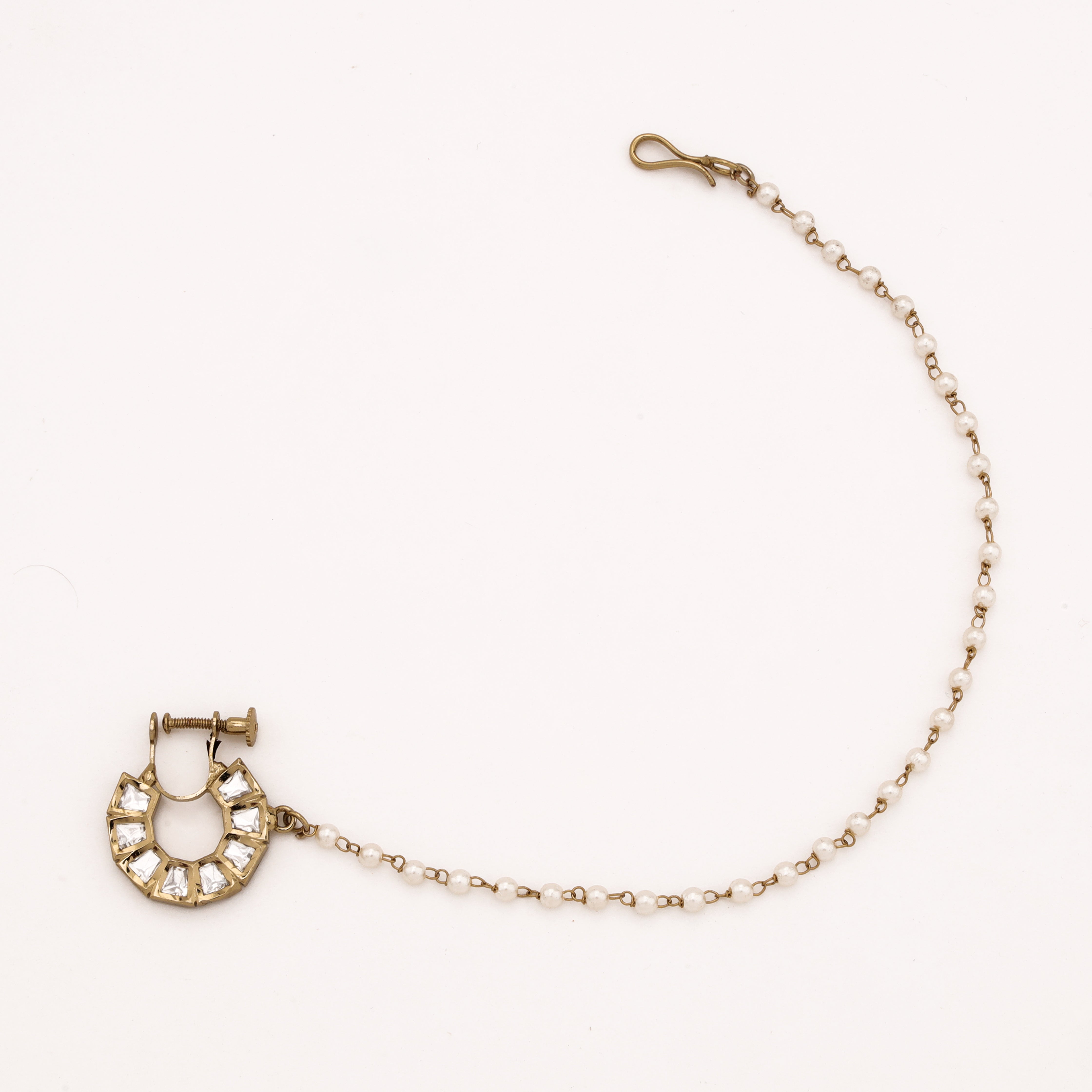 Antique gold Vedika geometric polki clip-on nath with white stones, screw fastening and pearl-beaded chain from US Catalog