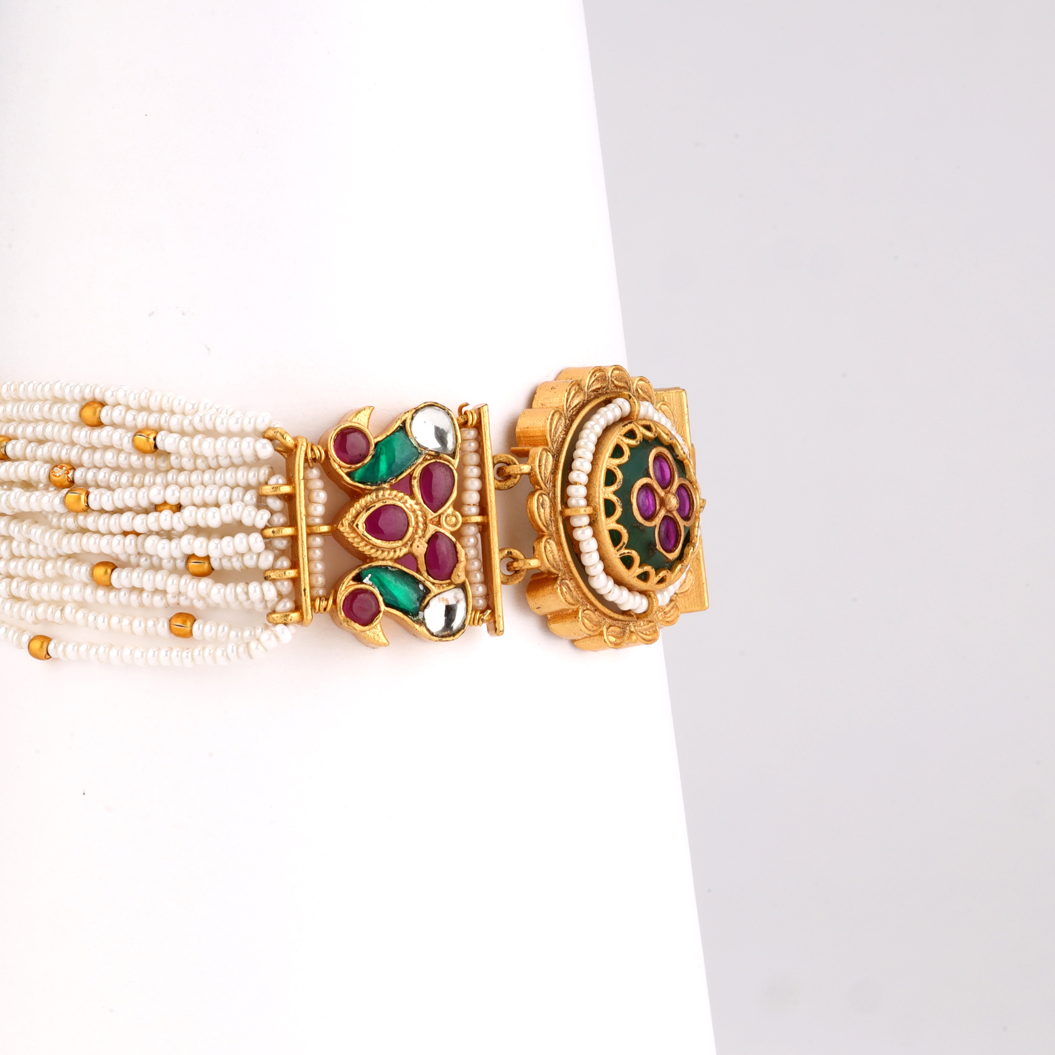 Antique Gold Kundan Floral Medallion Multi-Strand Pearl Traditional Bracelet