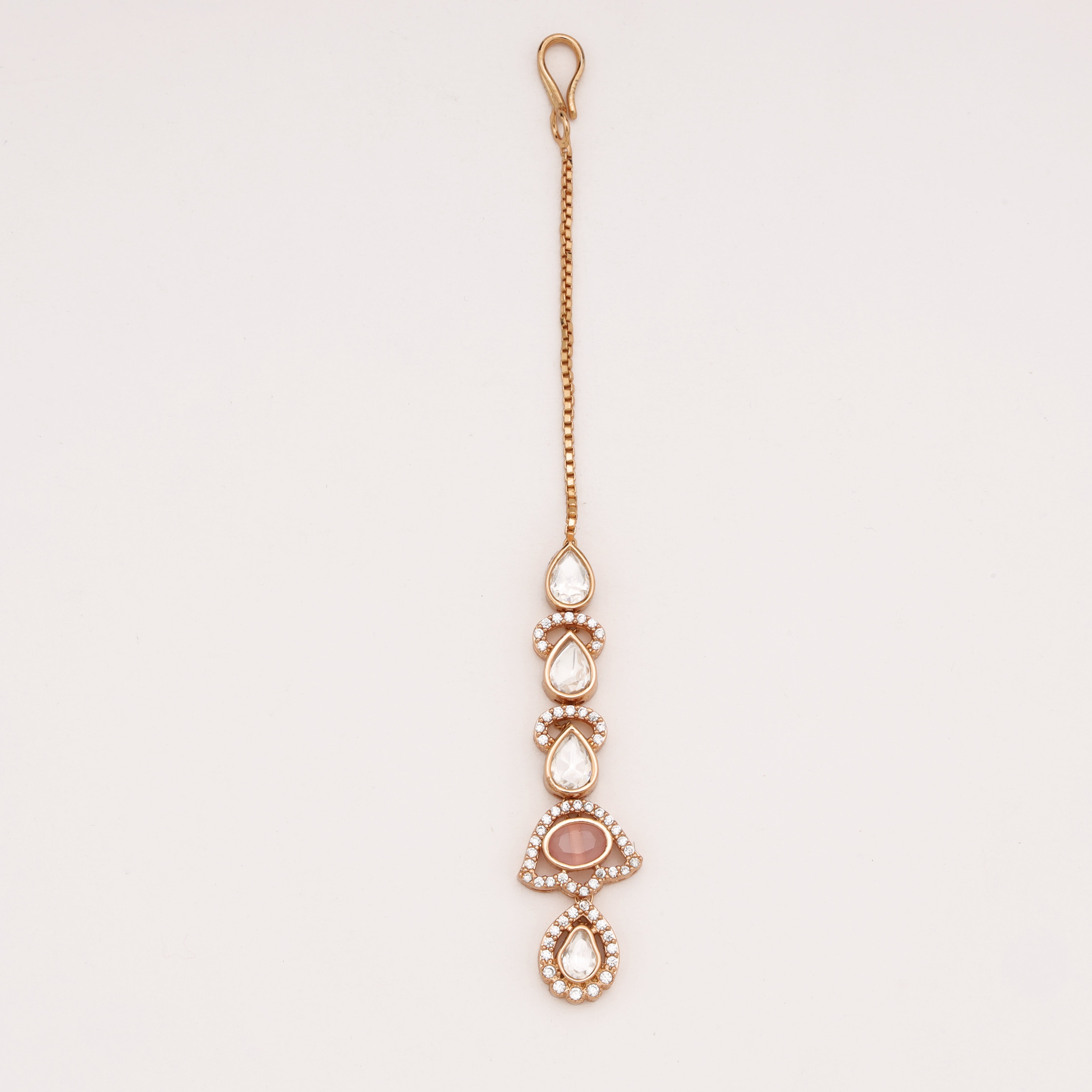 Rose Gold Peach Stone Sleek Linear American Diamond Maang Tikka