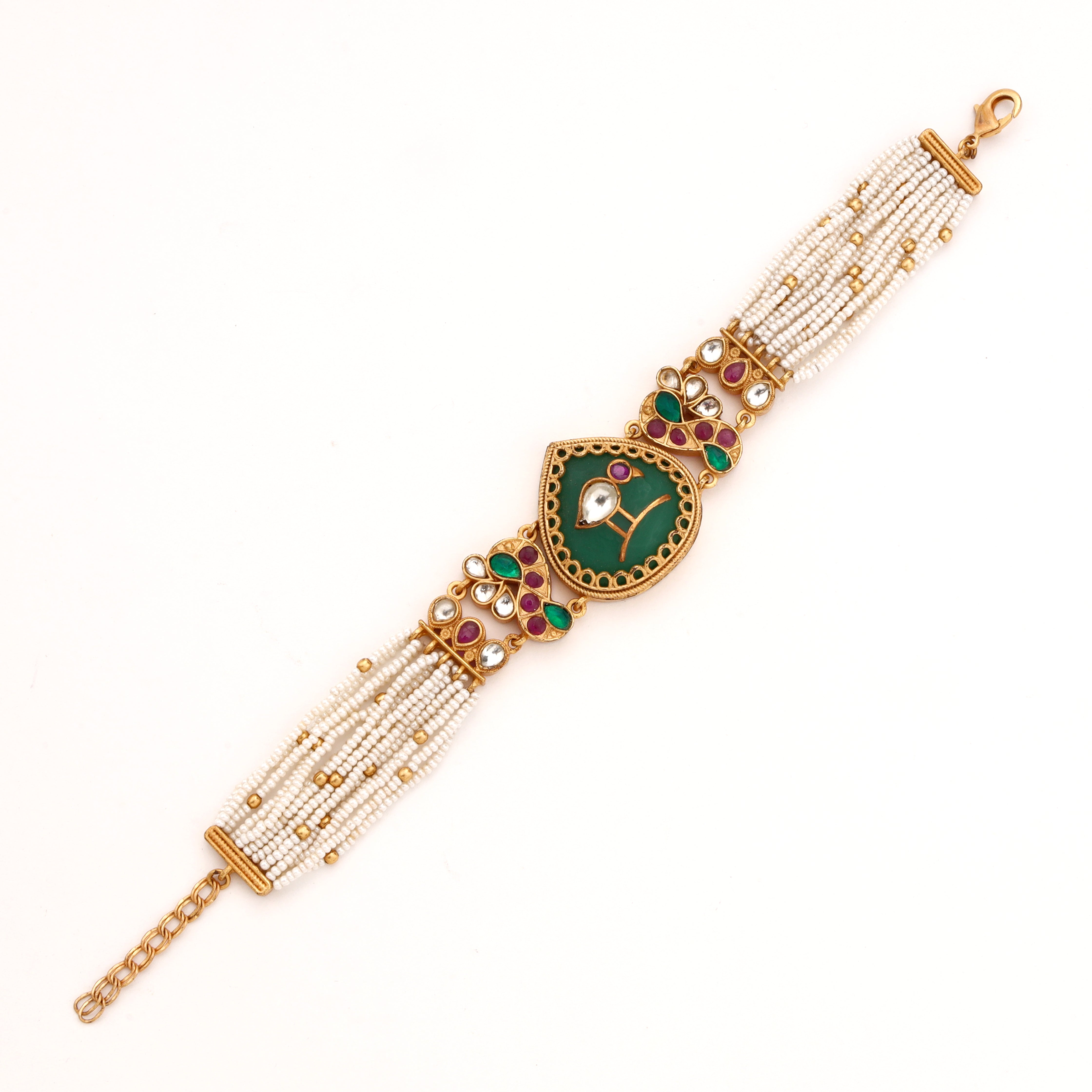 Antique Gold Avian Bird Motif Enamel Stone Multi-Strand Pearl Traditional Bracelet