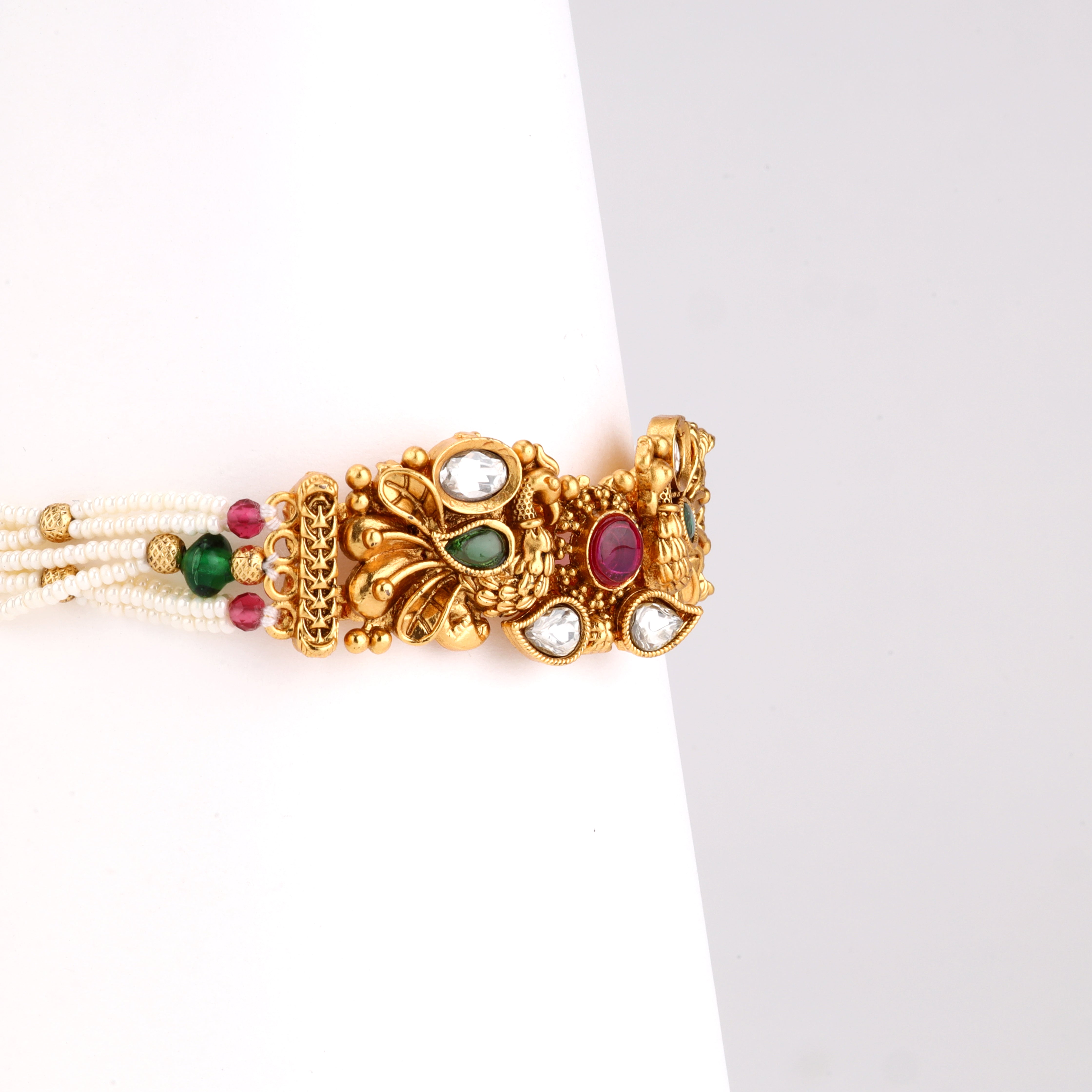 Antique Gold Twin Peacock Stone Multi-Strand Pearl Traditional Bracelet