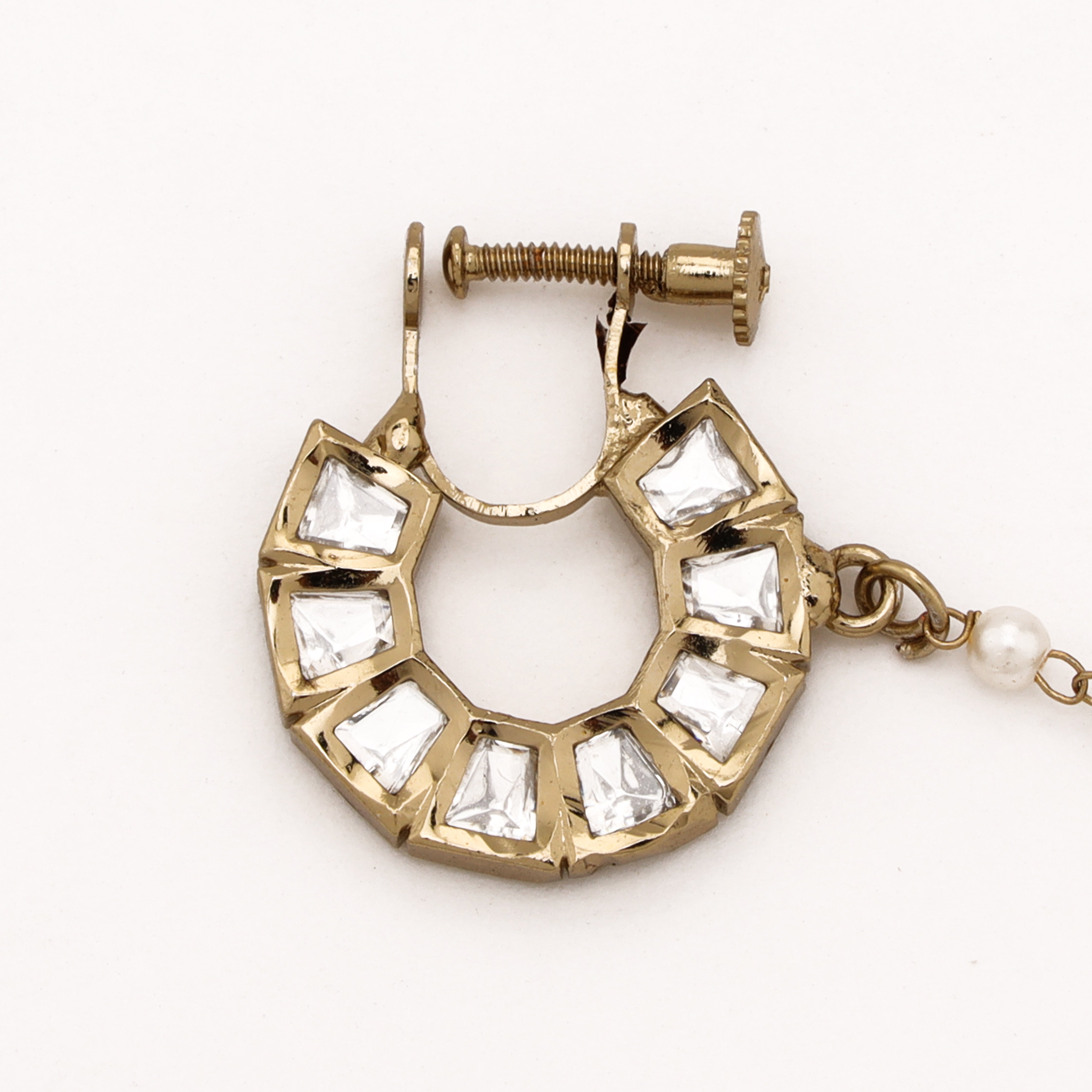 Antique gold Vedika geometric polki clip-on nath with white stones, screw fastening and pearl-beaded chain from US Catalog