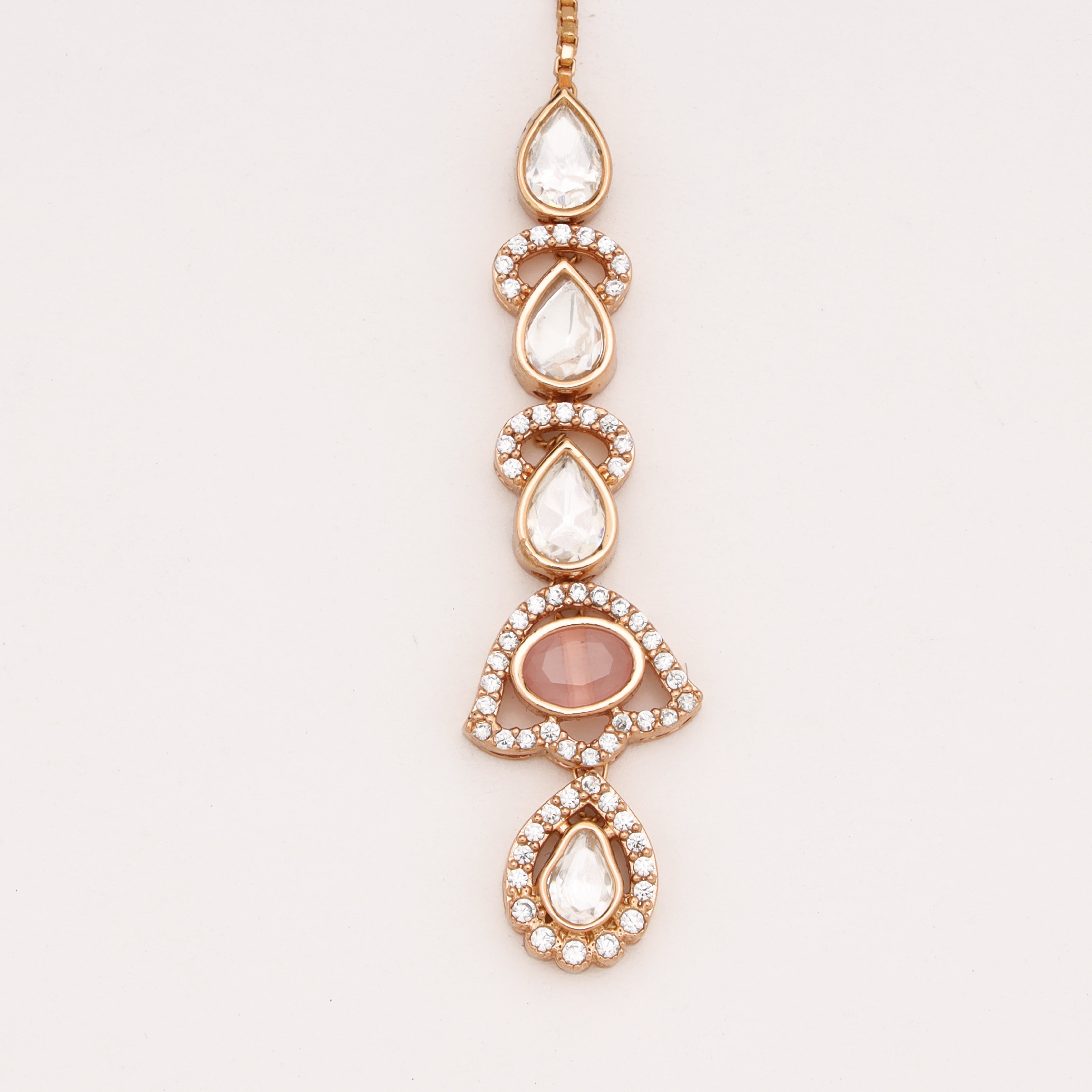 Rose Gold Peach Stone Sleek Linear American Diamond Maang Tikka