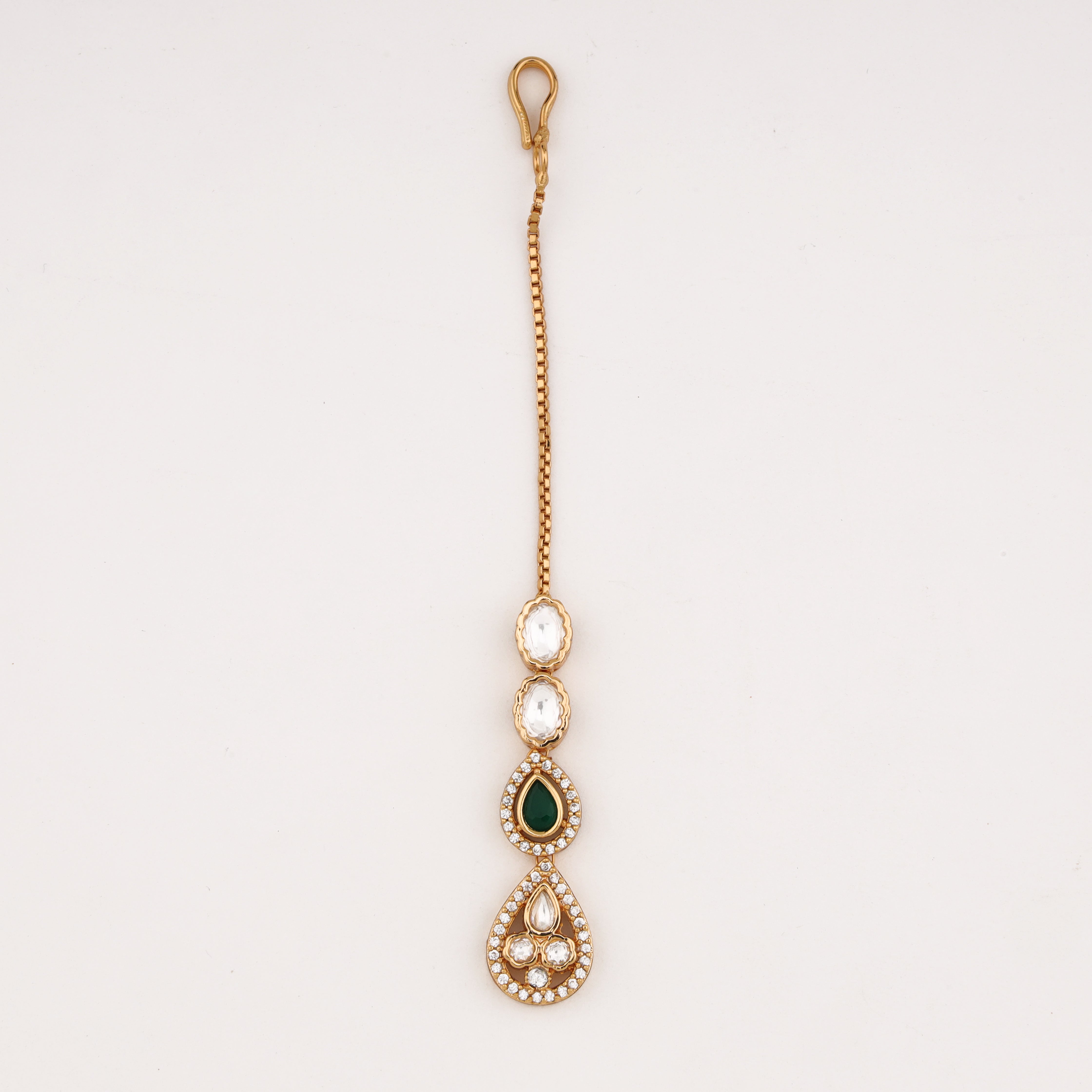 Emerald Elegance Crystal Maang Tika with crystal stones and green teardrop by US Catalog
