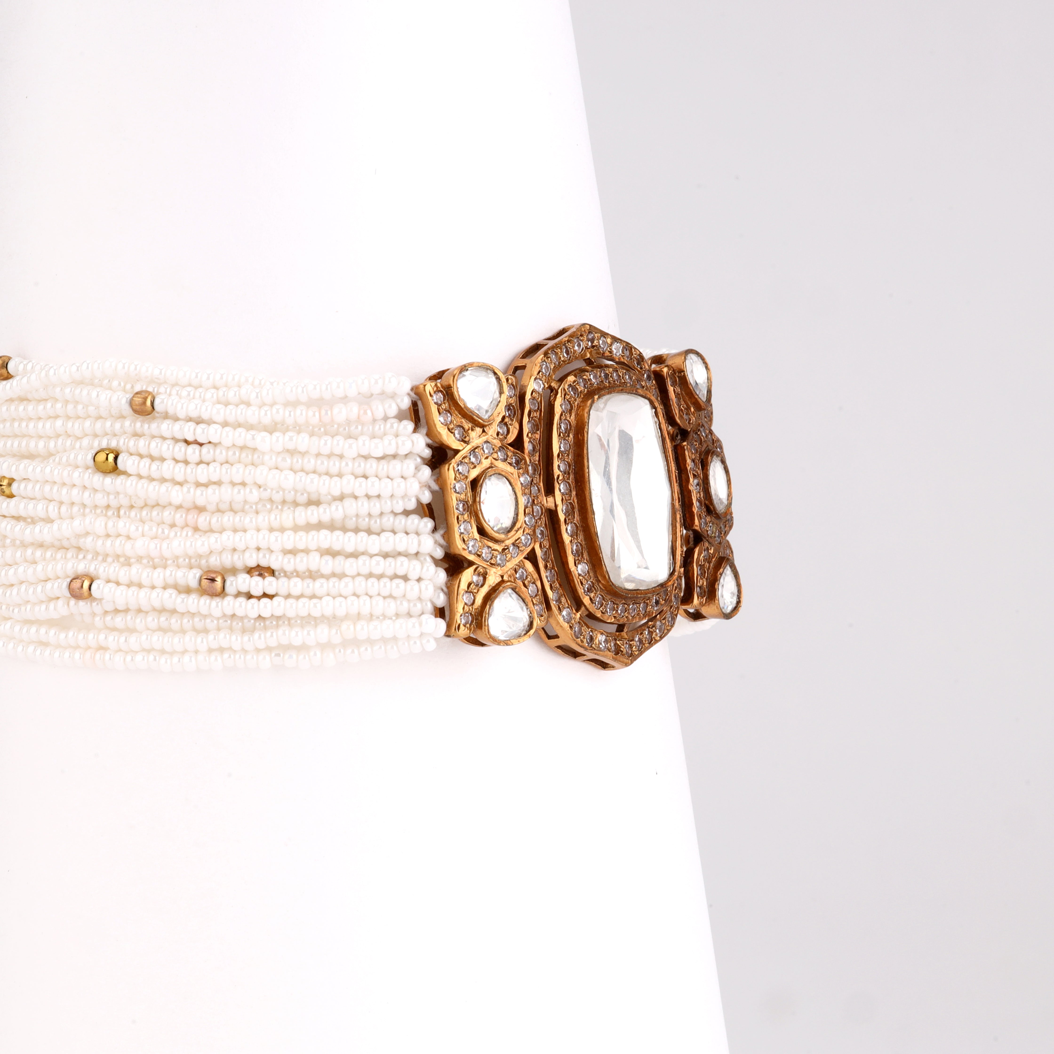 Antique Gold Oval Kundan Mirror Stone Multi-Strand Pearl Traditional Bracelet