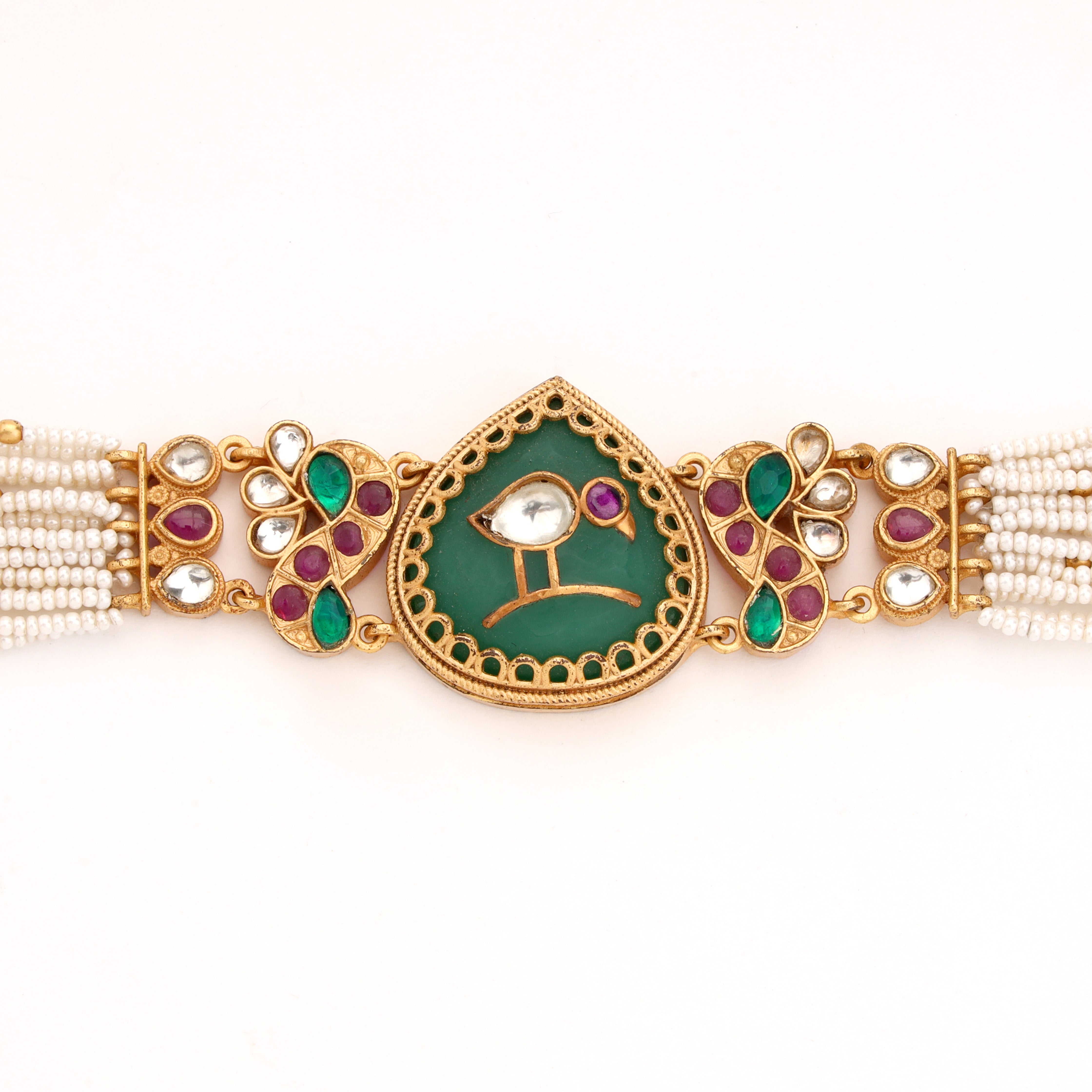 Antique Gold Avian Bird Motif Enamel Stone Multi-Strand Pearl Traditional Bracelet