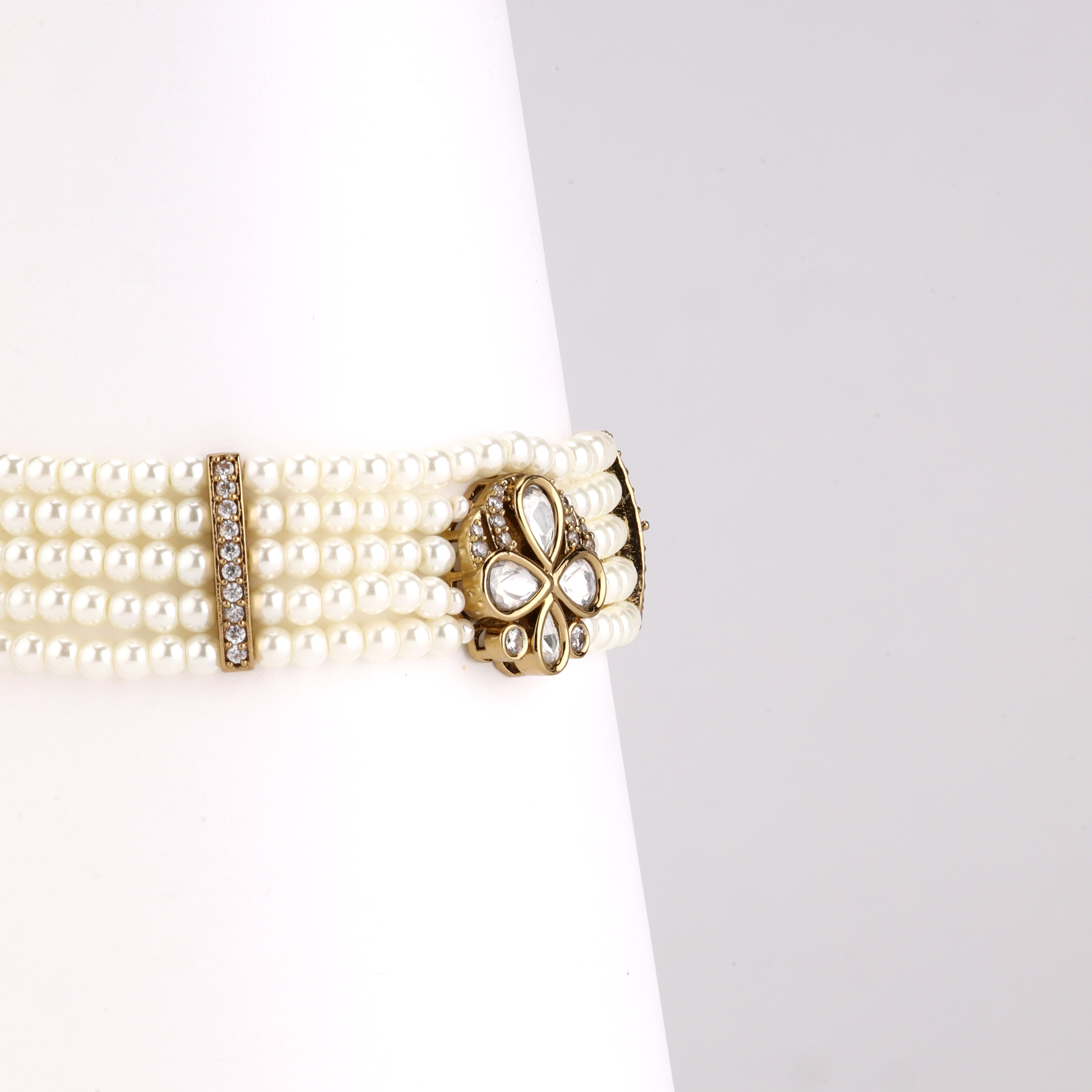 Antique Gold Floral Kundan Medallion Multi-Strand Pearl Traditional Bracelet