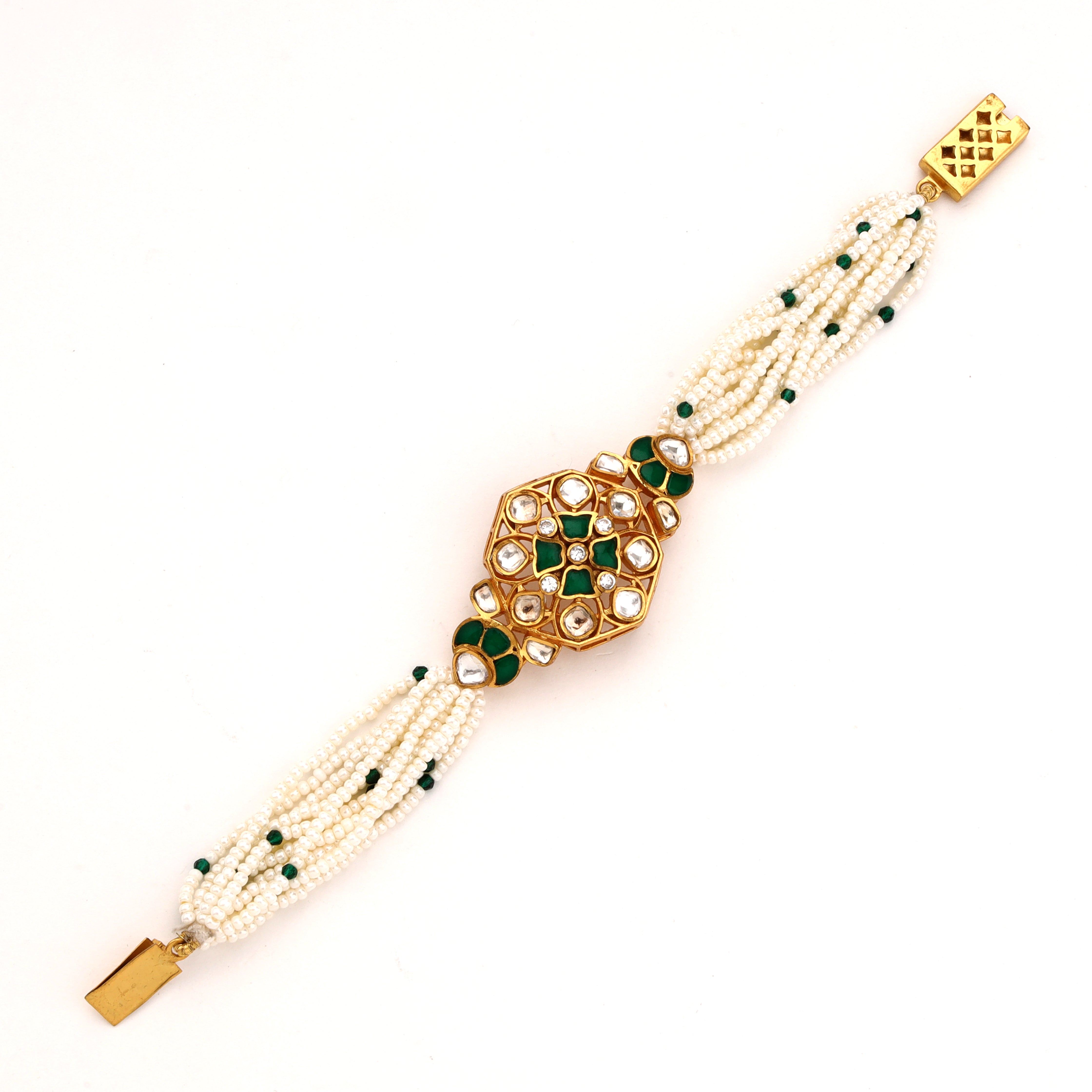 Antique Gold Kundan Enamel Hexagonal Medallion Multi-Strand Pearl Traditional Bracelet