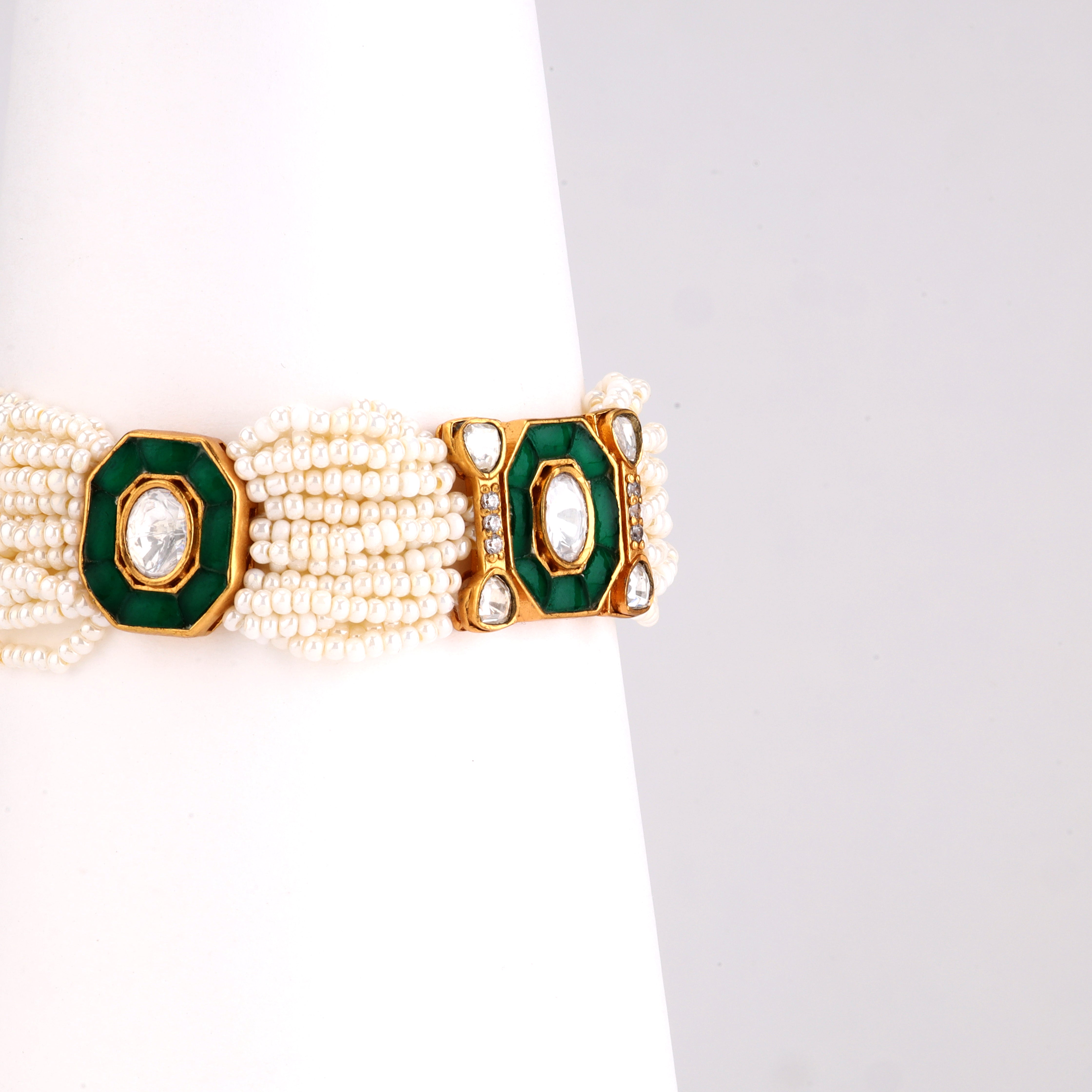Geometric Kundan Enamel Medallion Multi-Strand Pearl Traditional Bracelet