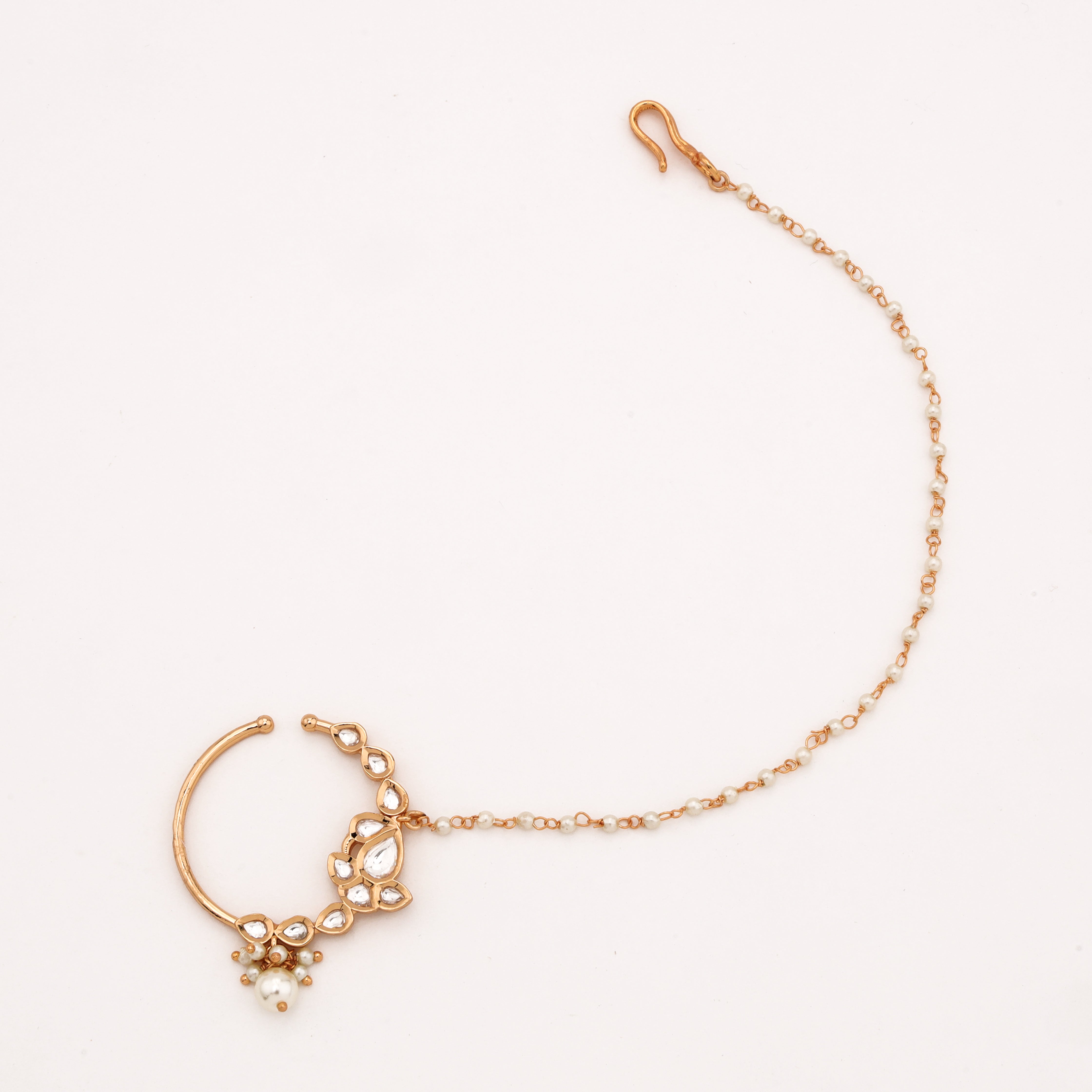 Rose gold Roshika leaf cascade polki pearl nath with teardrop stones, pearl drop and attached beaded chain from US Catalog