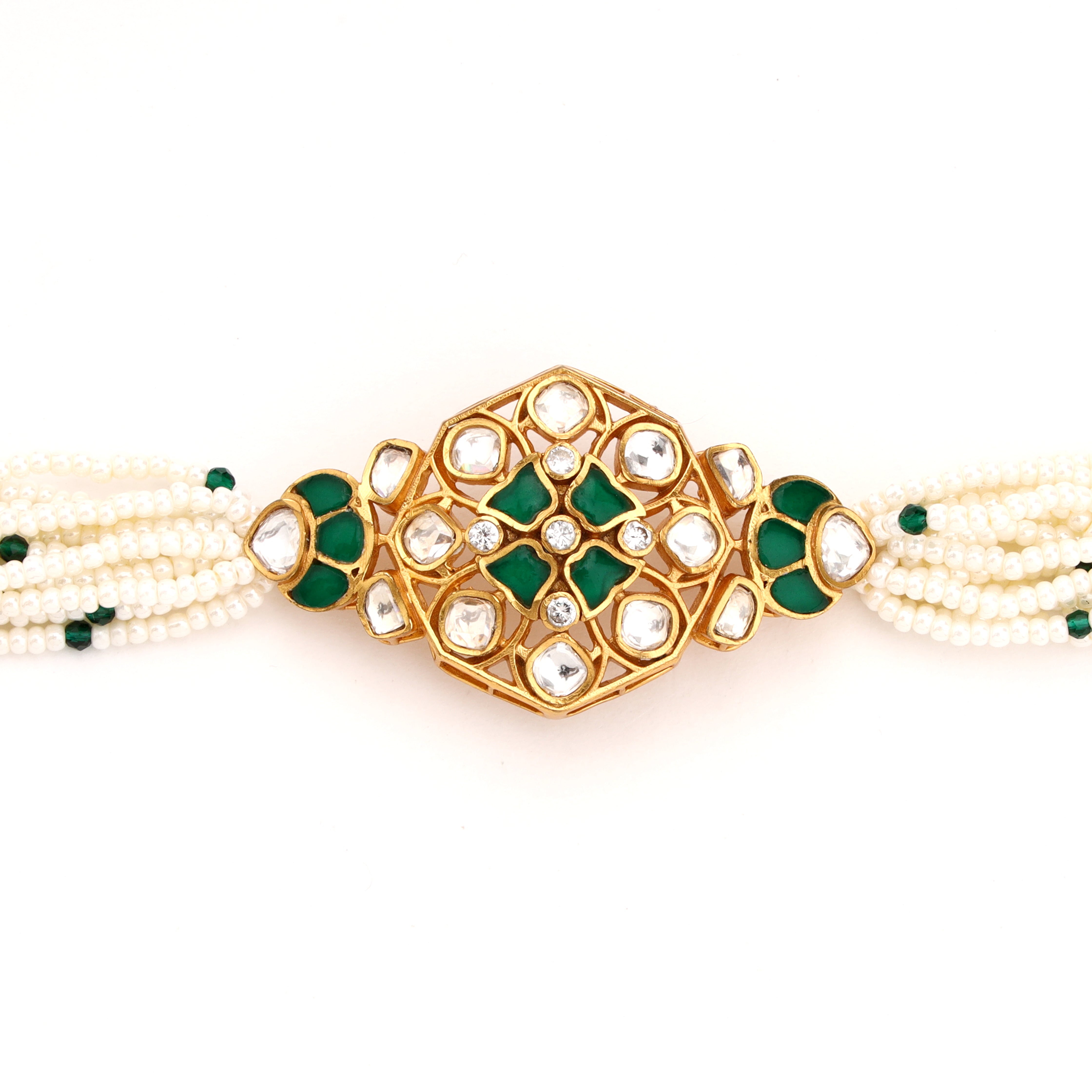 Antique Gold Kundan Enamel Hexagonal Medallion Multi-Strand Pearl Traditional Bracelet