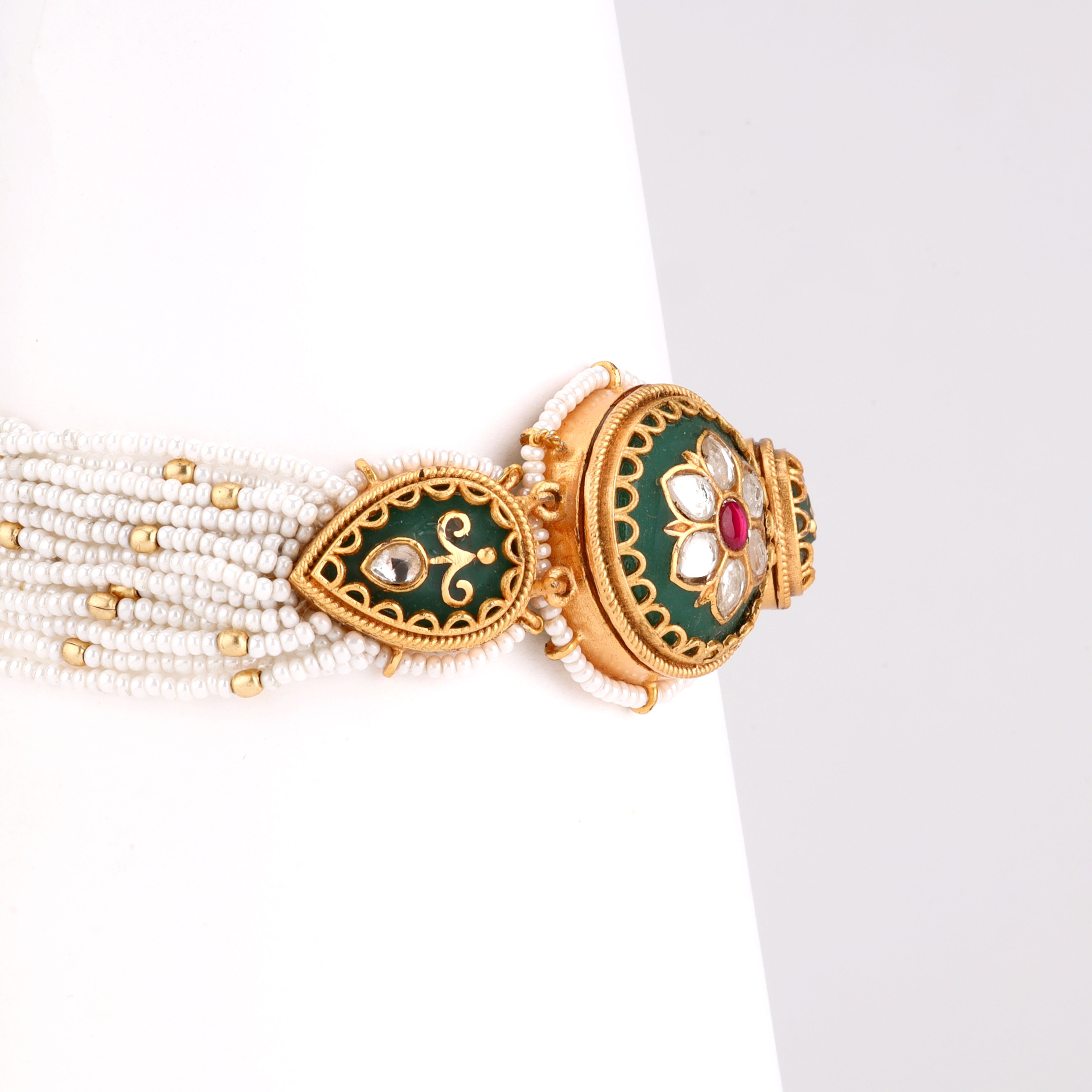 Floral Enamel Kundan Medallion Multi-Strand Pearl Traditional Bracelet