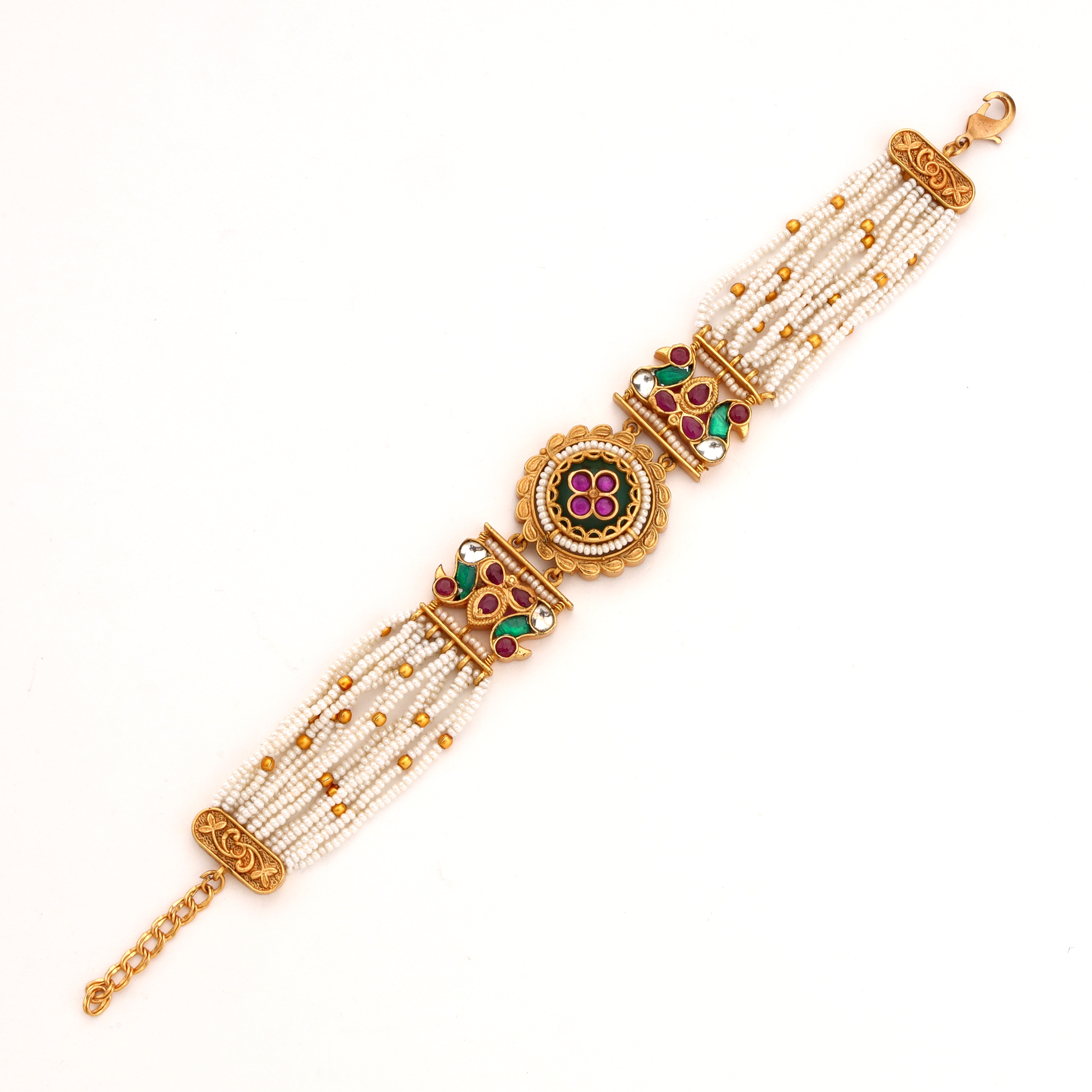Antique Gold Kundan Floral Medallion Multi-Strand Pearl Traditional Bracelet