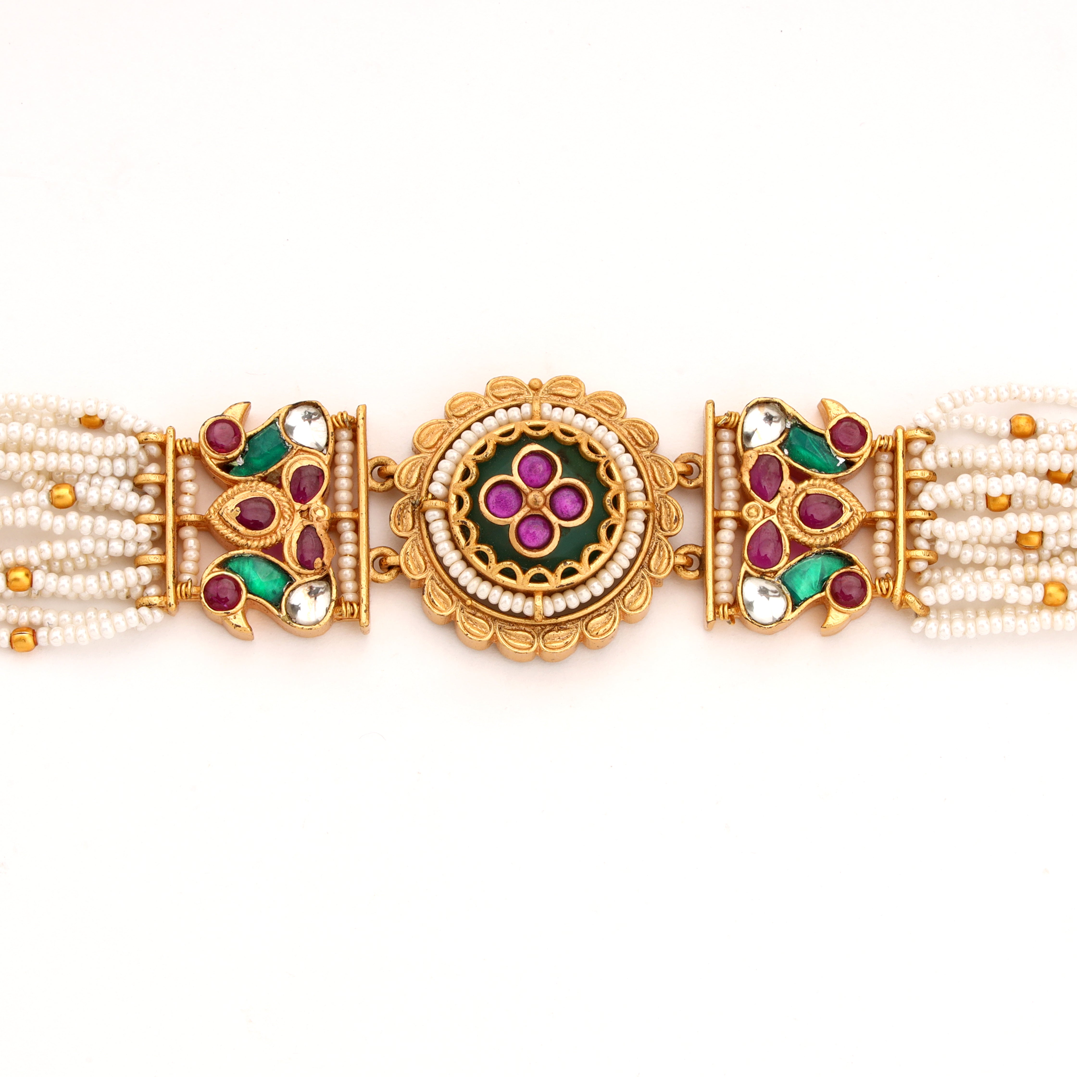 Antique Gold Kundan Floral Medallion Multi-Strand Pearl Traditional Bracelet
