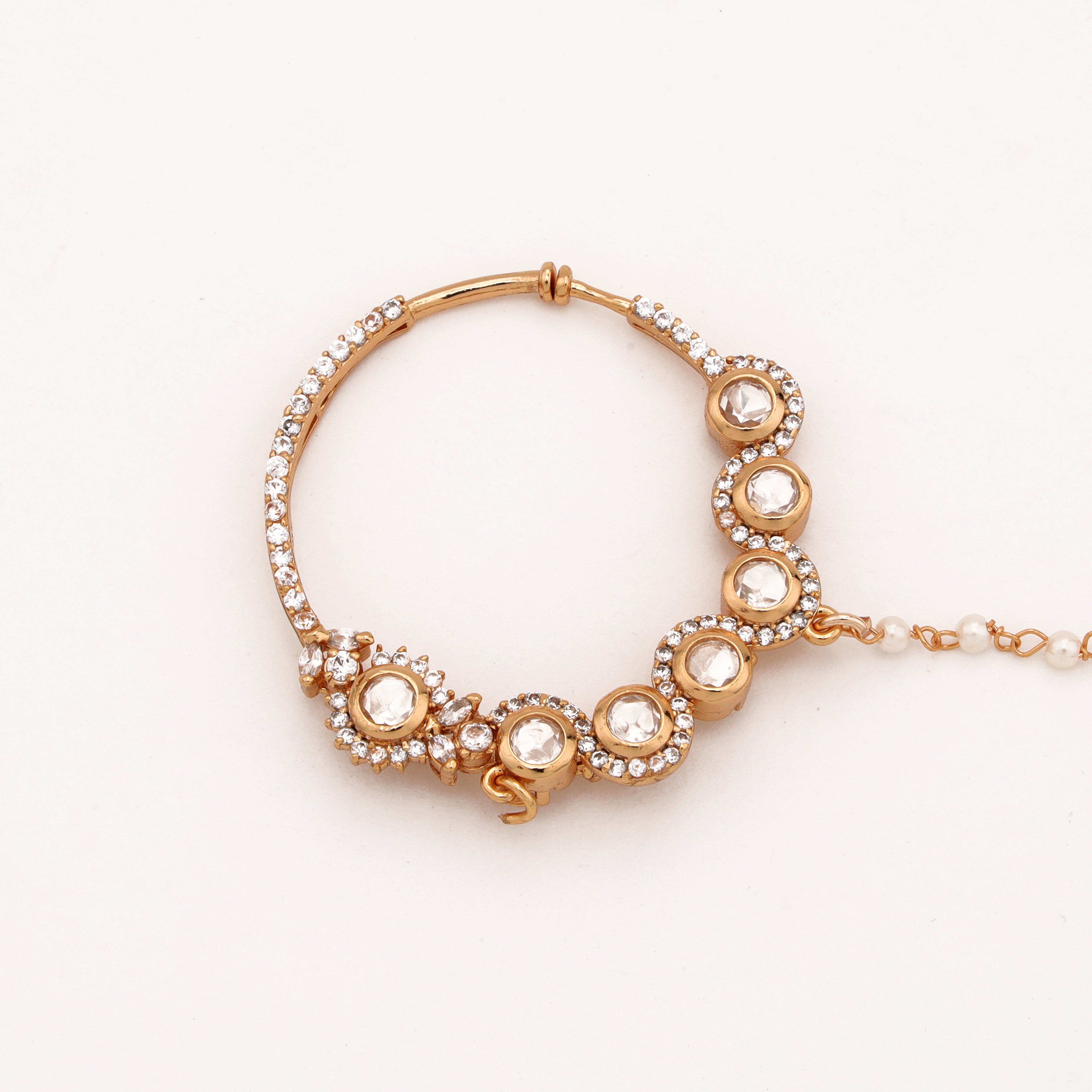 Rose gold Samaira halo polki nath with round white stones, crystal detailing and pearl-beaded chain from US Catalog