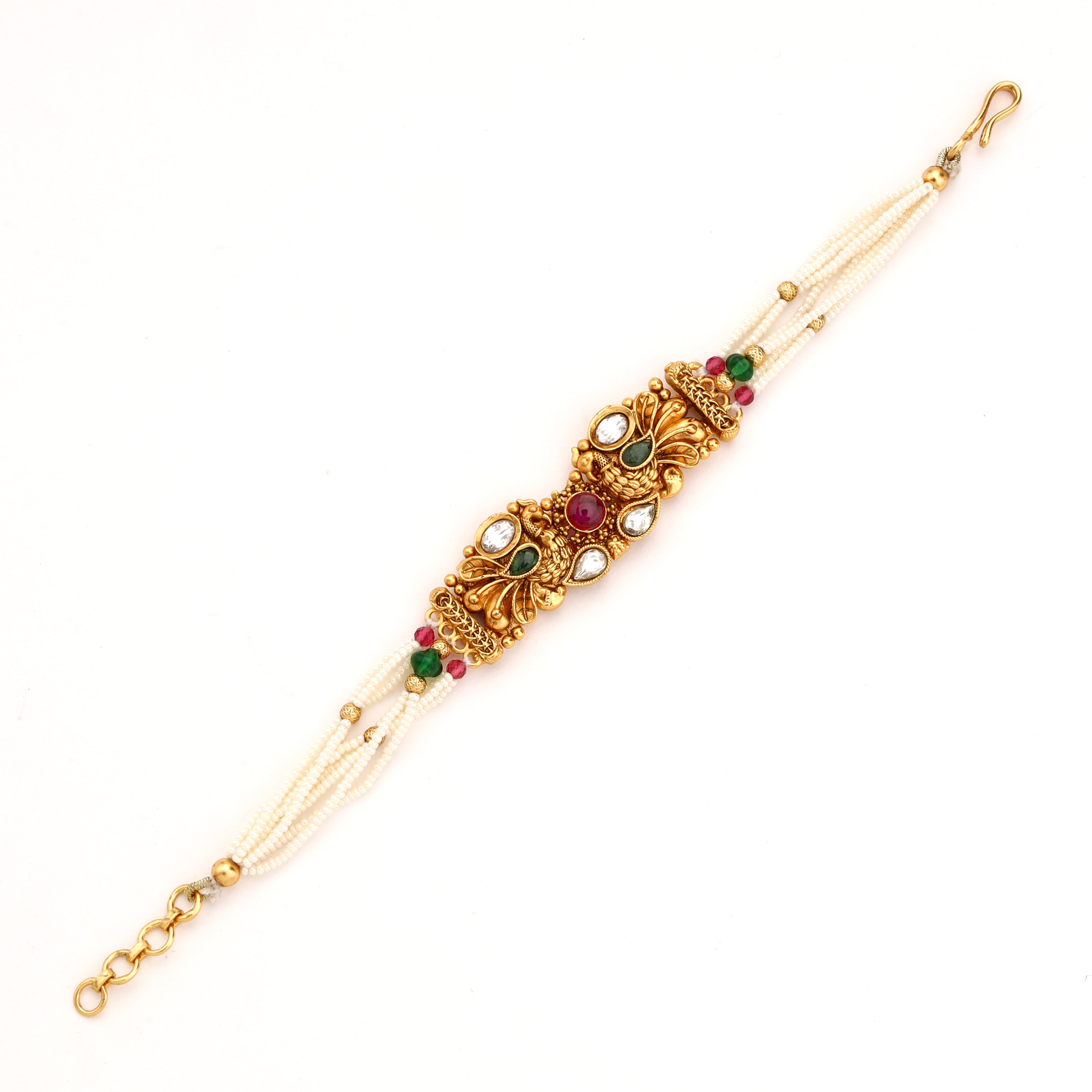 Antique Gold Twin Peacock Stone Multi-Strand Pearl Traditional Bracelet