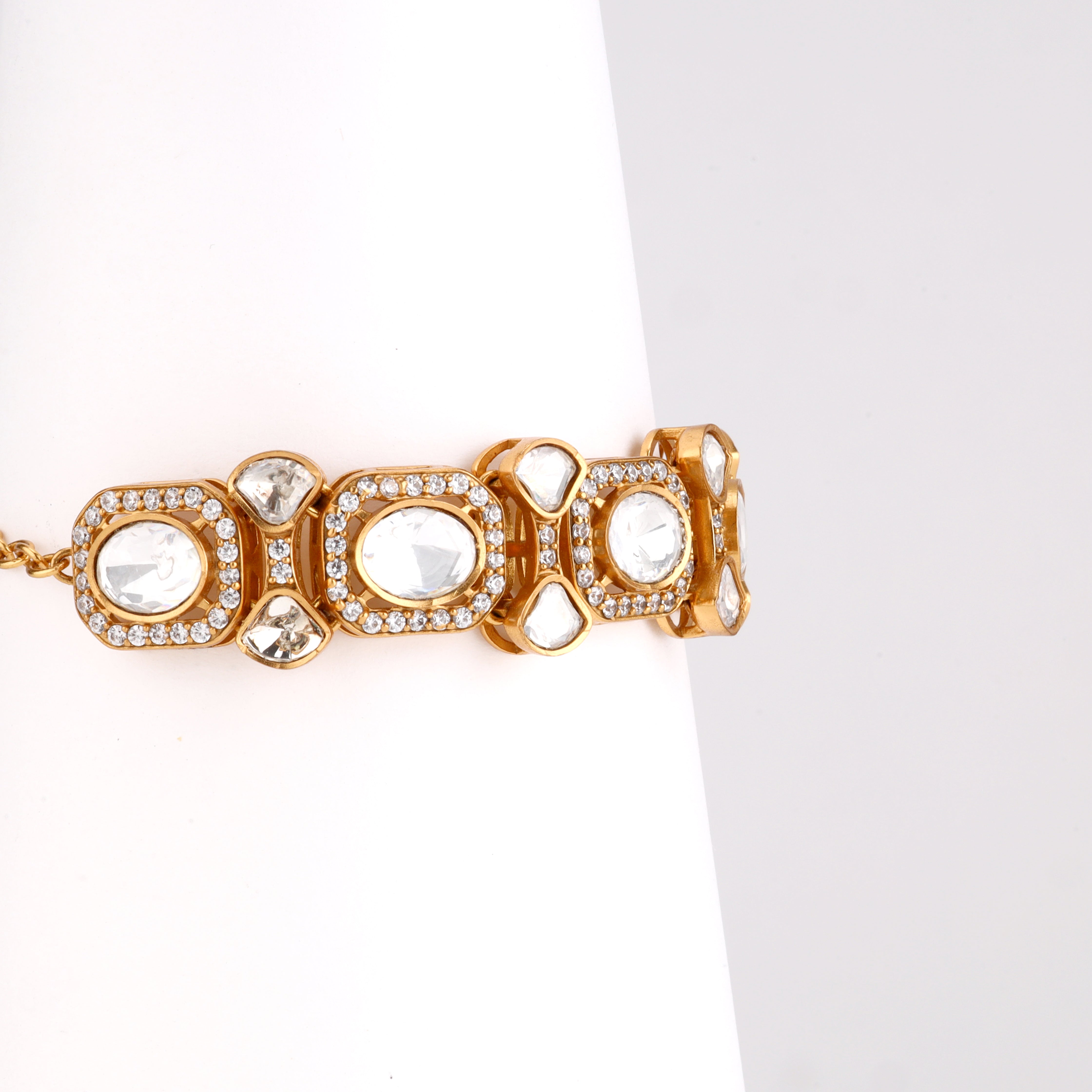 Gold-Plated Polki Kundan Crystal Halo Articulated Traditional Bracelet