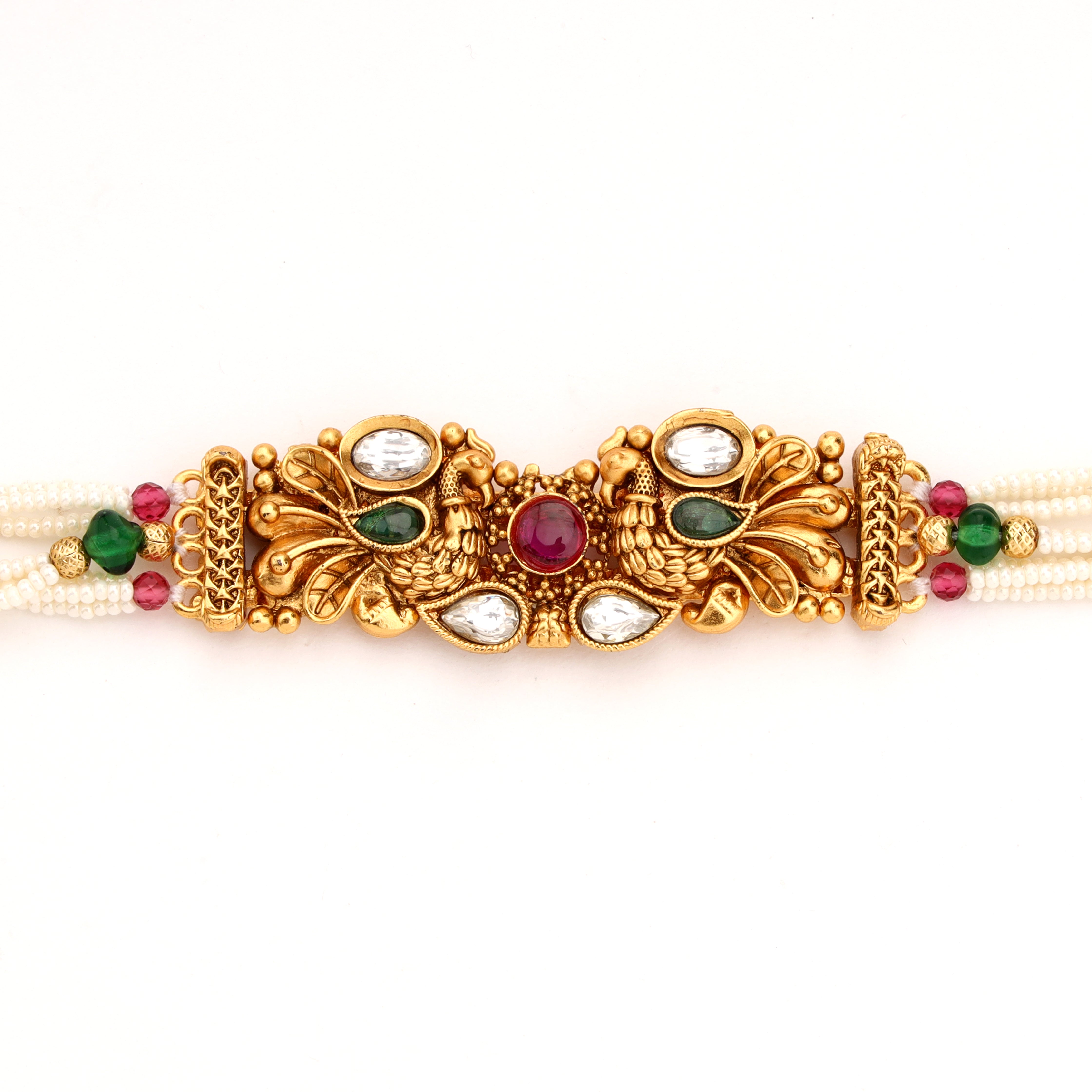 Antique Gold Twin Peacock Stone Multi-Strand Pearl Traditional Bracelet