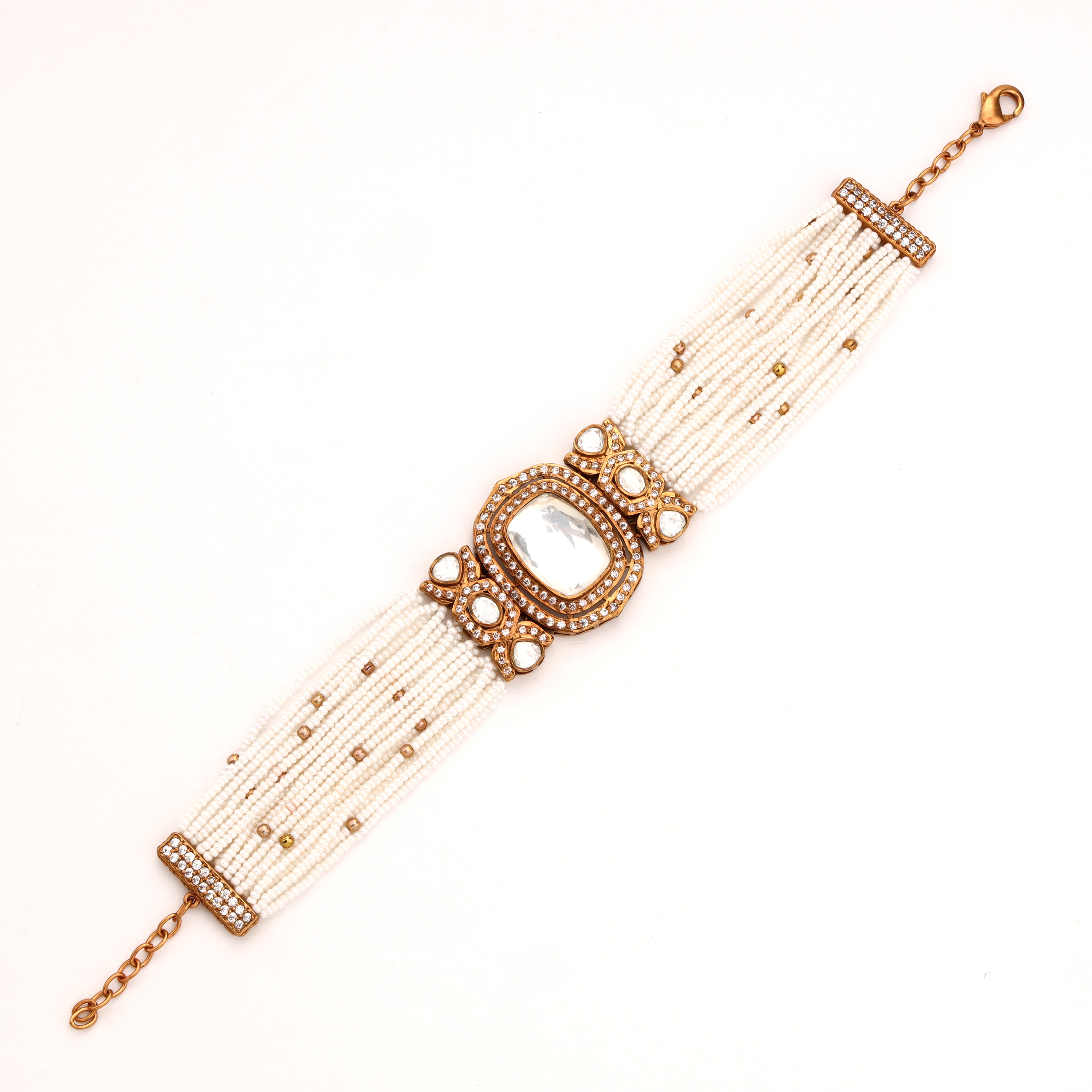 Antique Gold Oval Kundan Mirror Stone Multi-Strand Pearl Traditional Bracelet