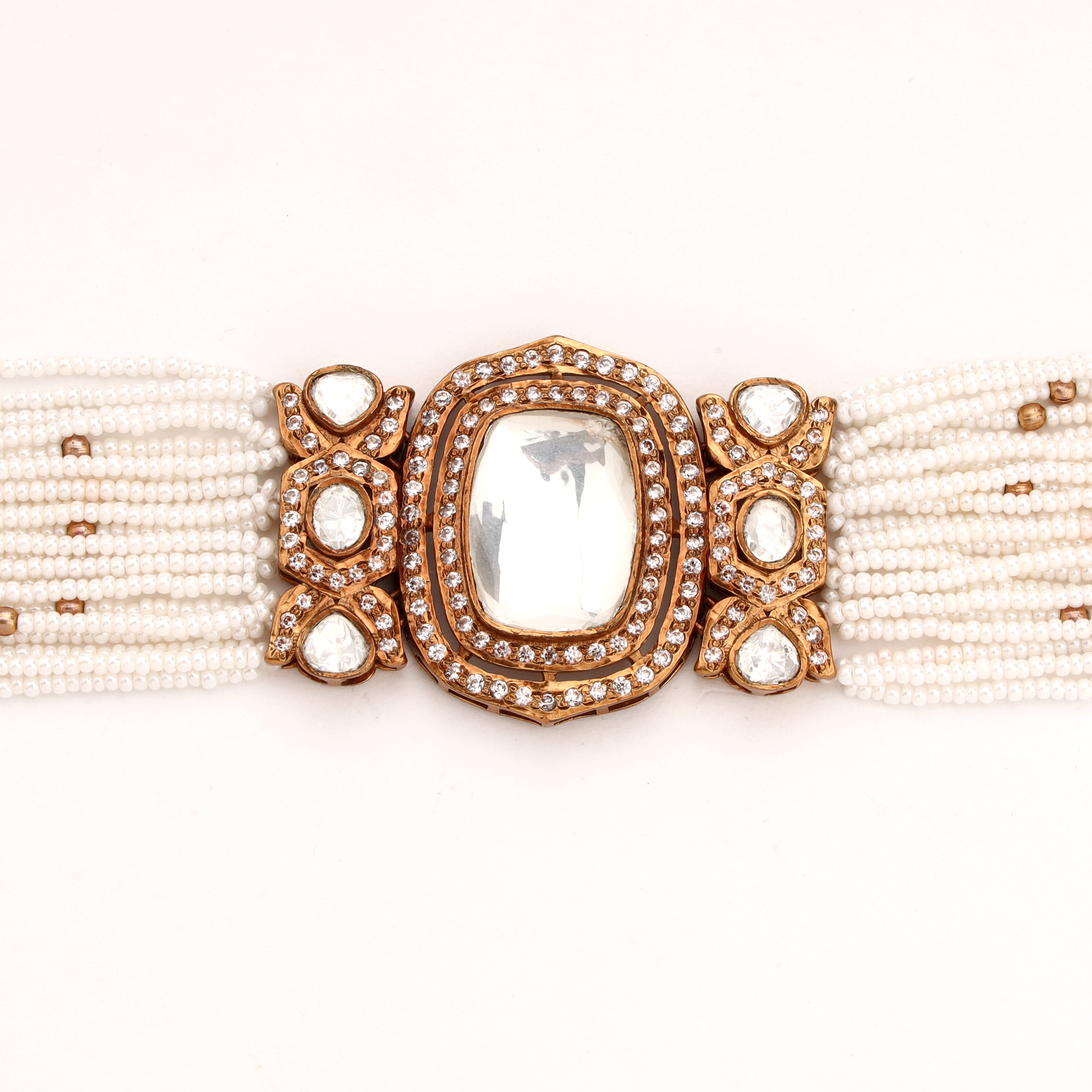 Antique Gold Oval Kundan Mirror Stone Multi-Strand Pearl Traditional Bracelet