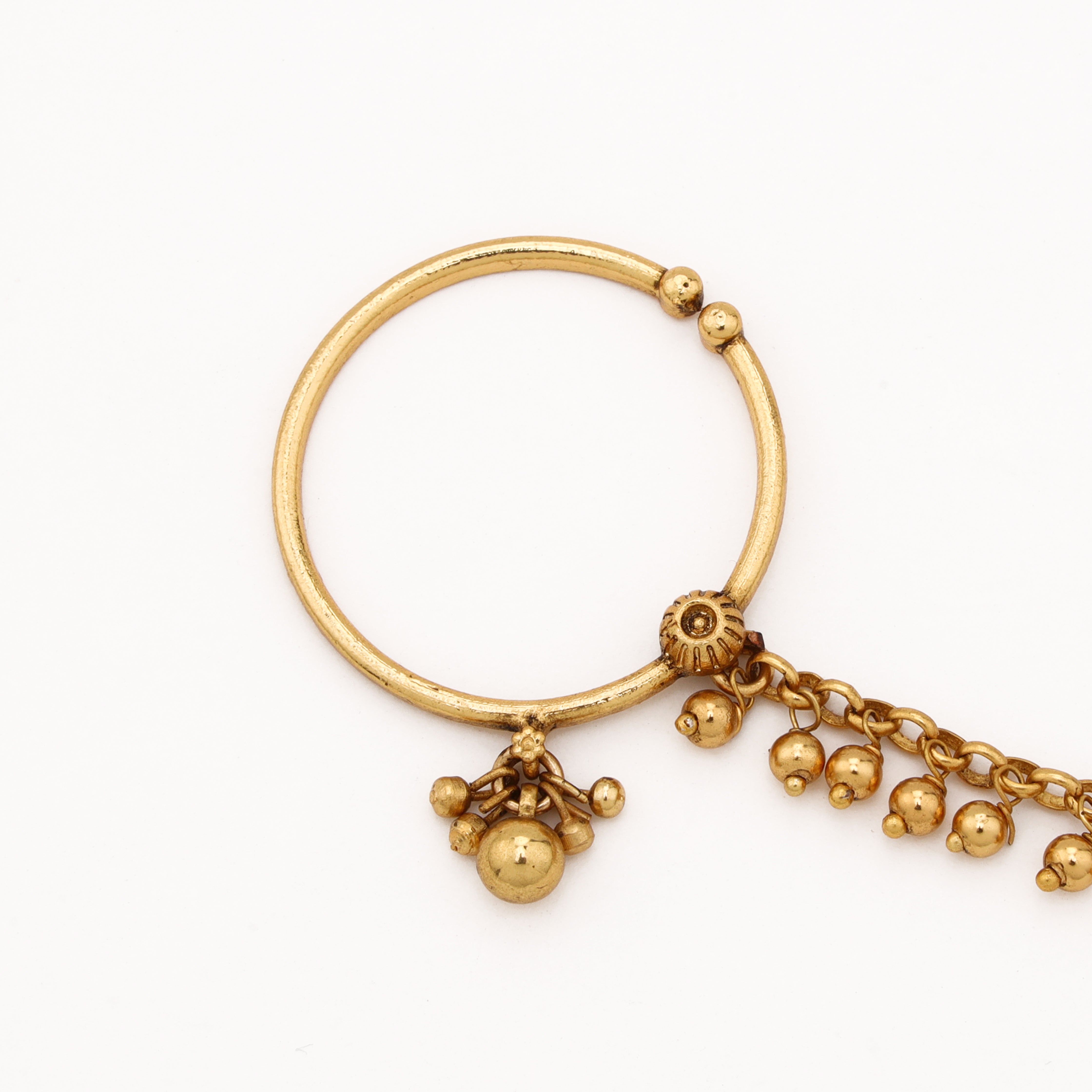 Antique gold Aarohi Ghungroo Nath with circular hoop, metal bead drops and double-layer charm chain from US Catalog