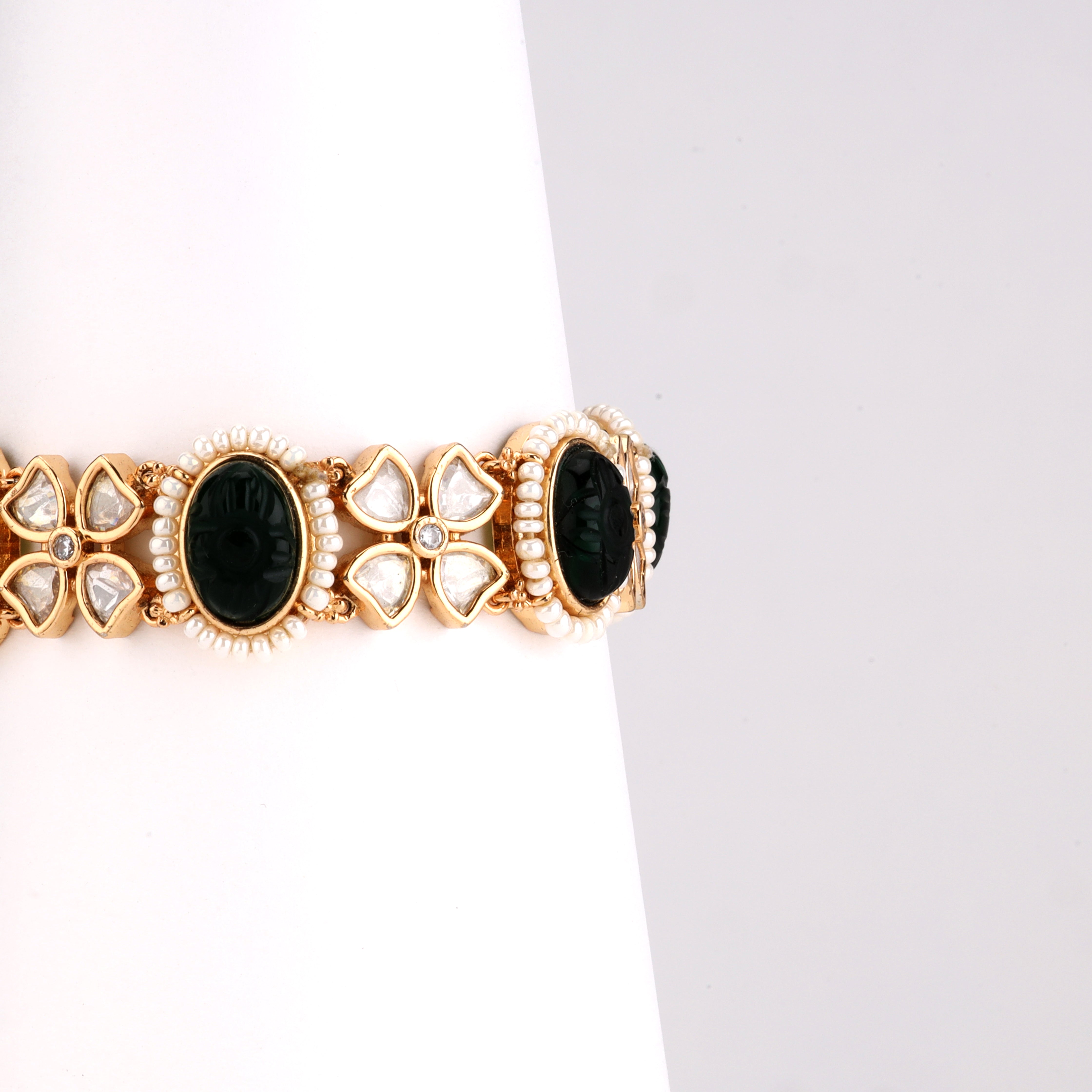 Pearl Beaded Regal Kundan Cabochon Openable Traditional Bracelet