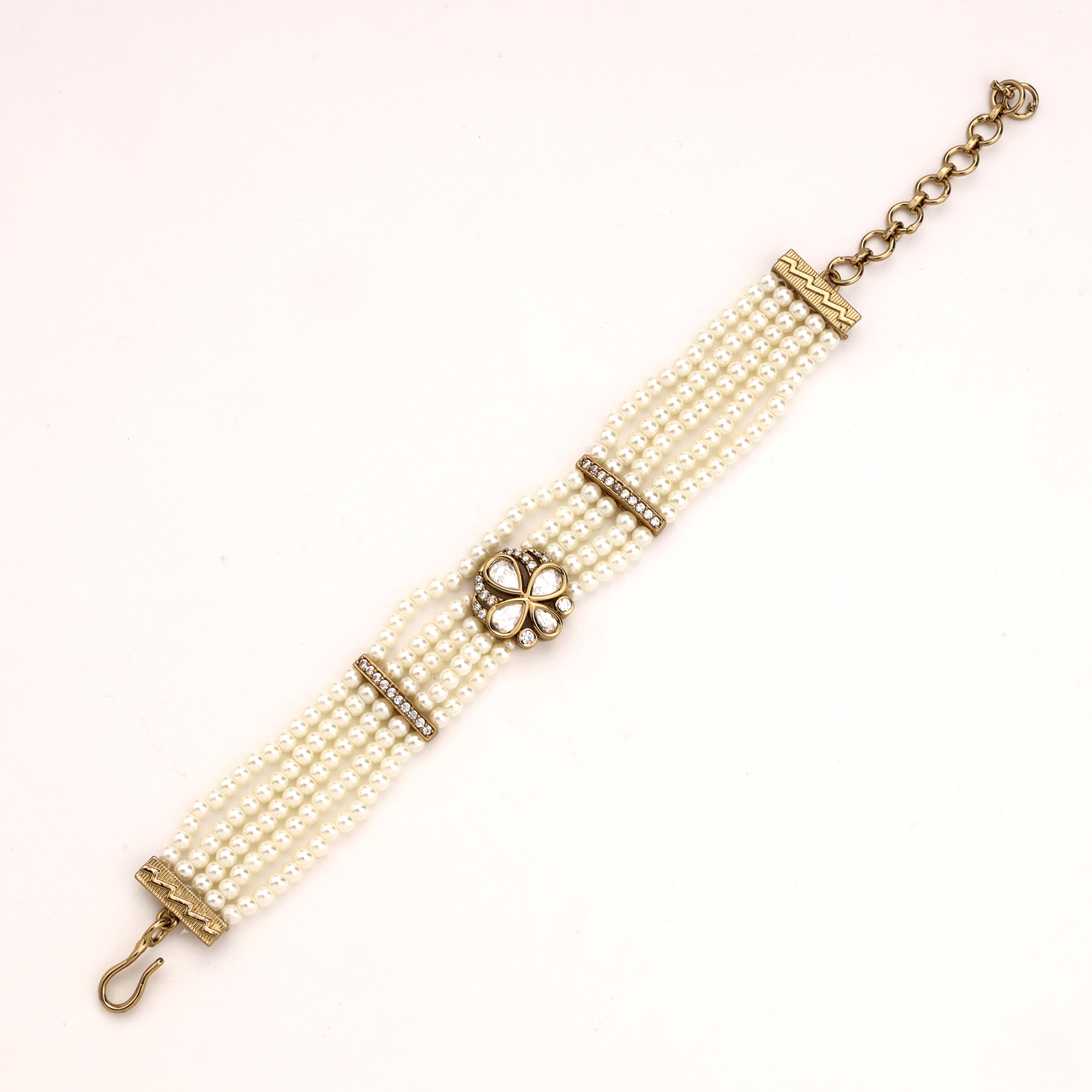 Antique Gold Floral Kundan Medallion Multi-Strand Pearl Traditional Bracelet