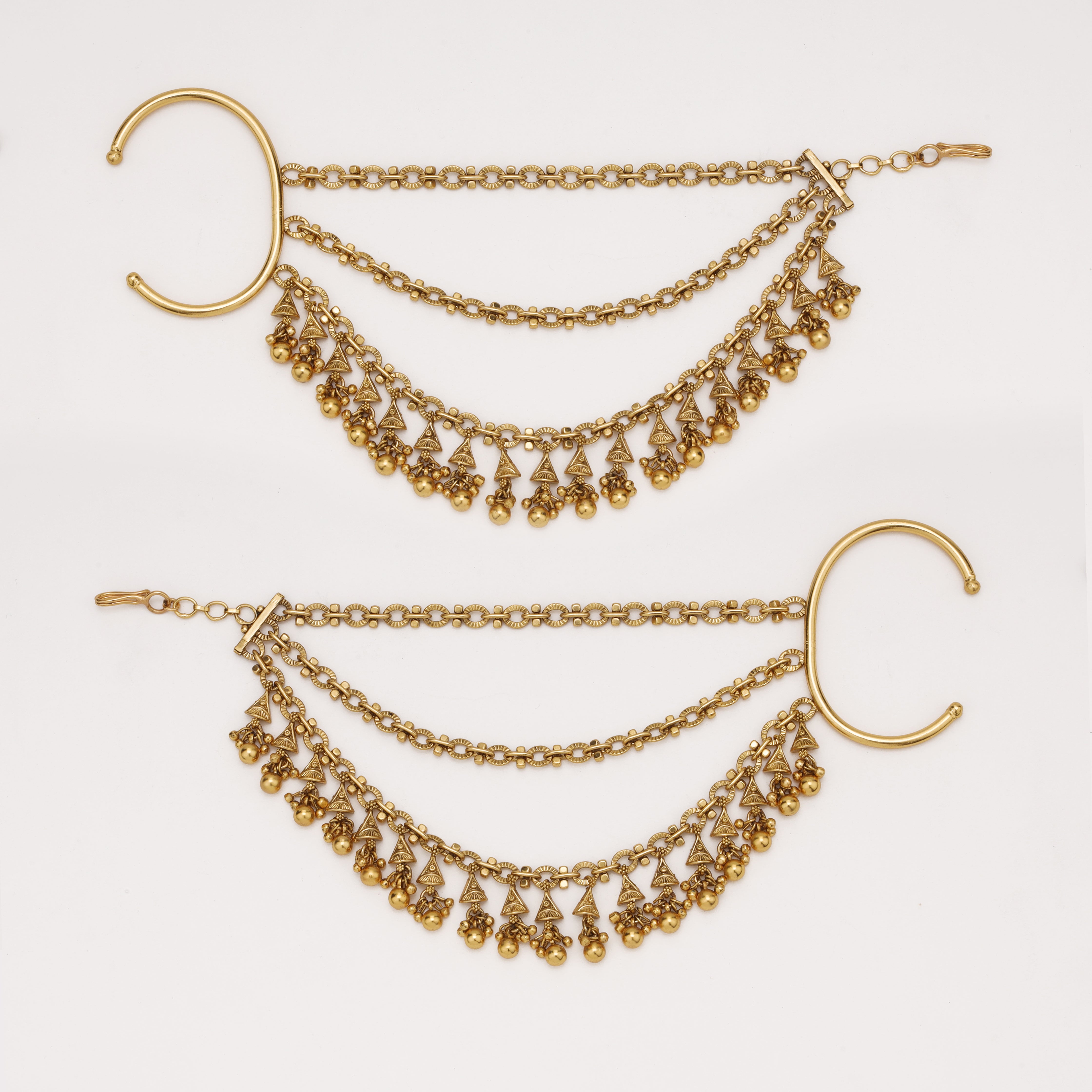Rajwadi Triangle Ghunghru antique gold ear chain by US Catalog