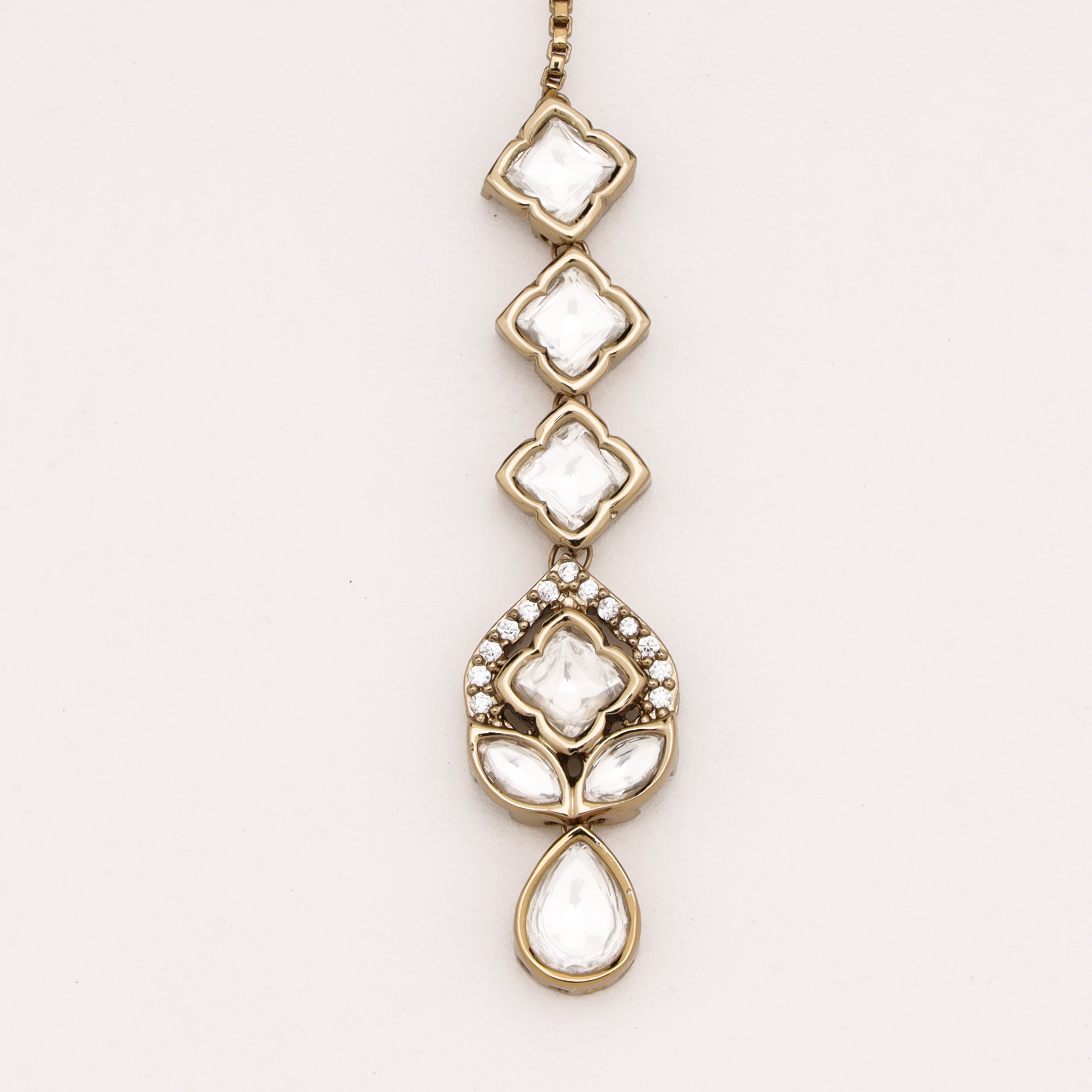 Gold Finish Clover Motif Linear Kundan Maang Tikka with Pear Drop