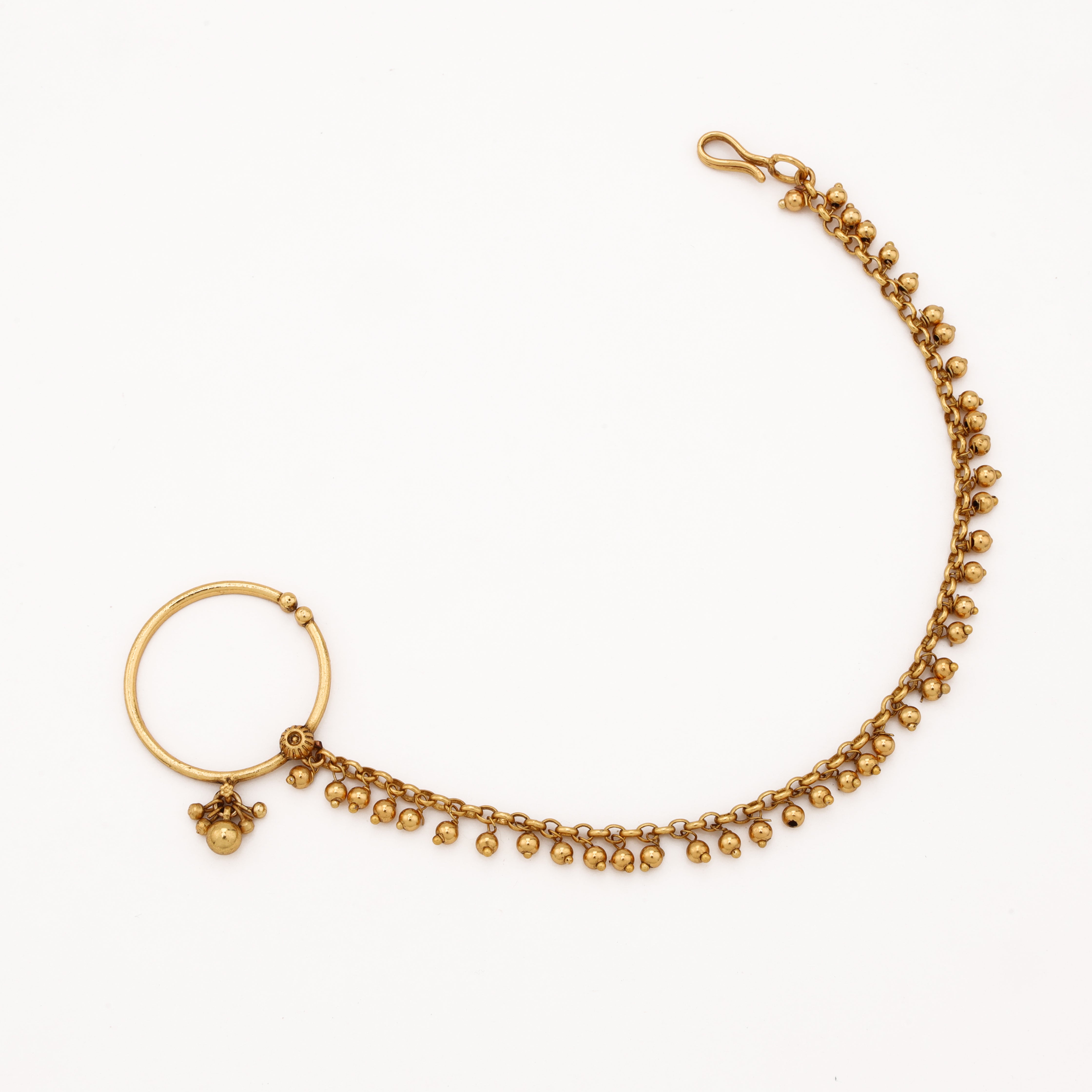Antique gold Aarohi Ghungroo Nath with circular hoop, metal bead drops and double-layer charm chain from US Catalog