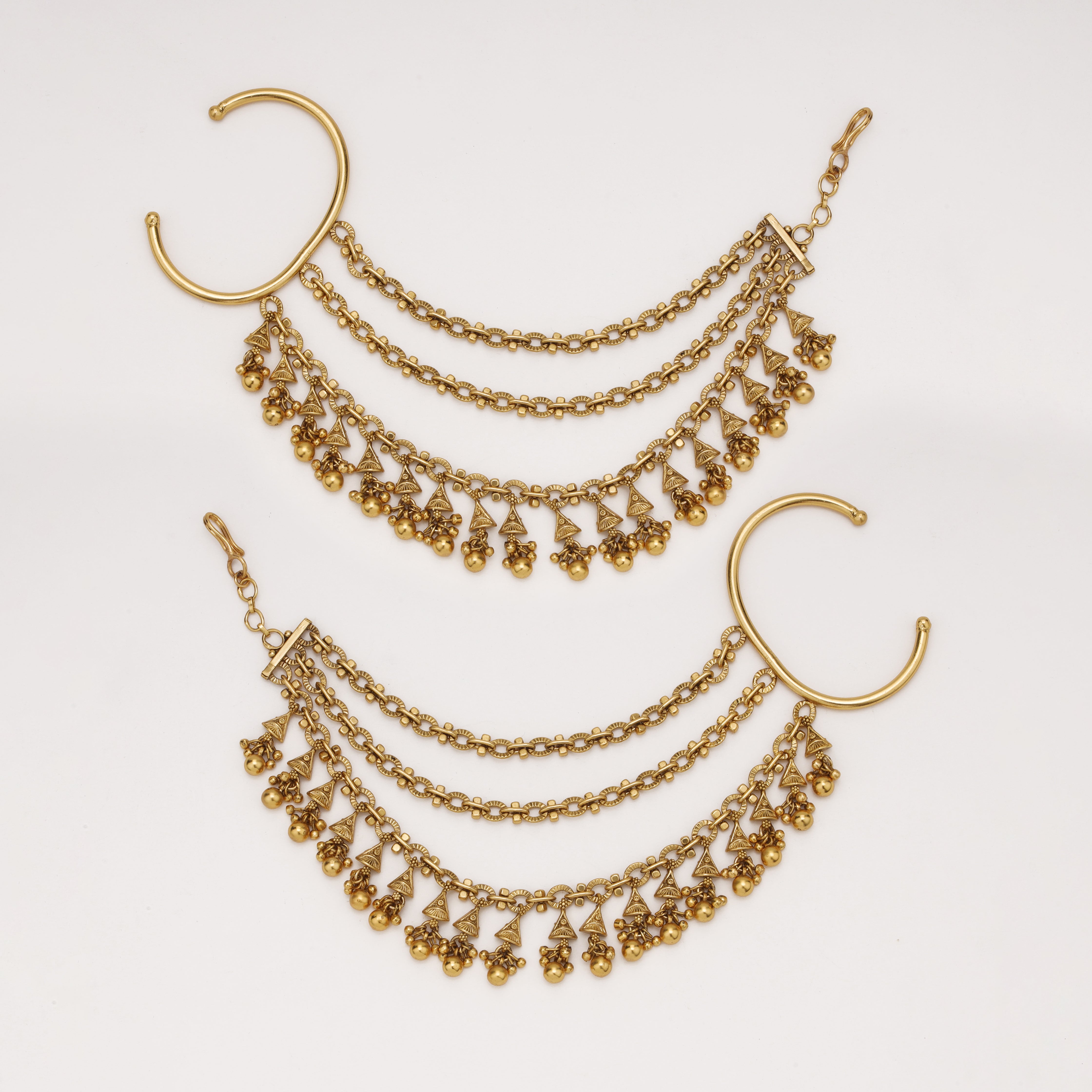 Rajwadi Triangle Ghunghru antique gold ear chain by US Catalog