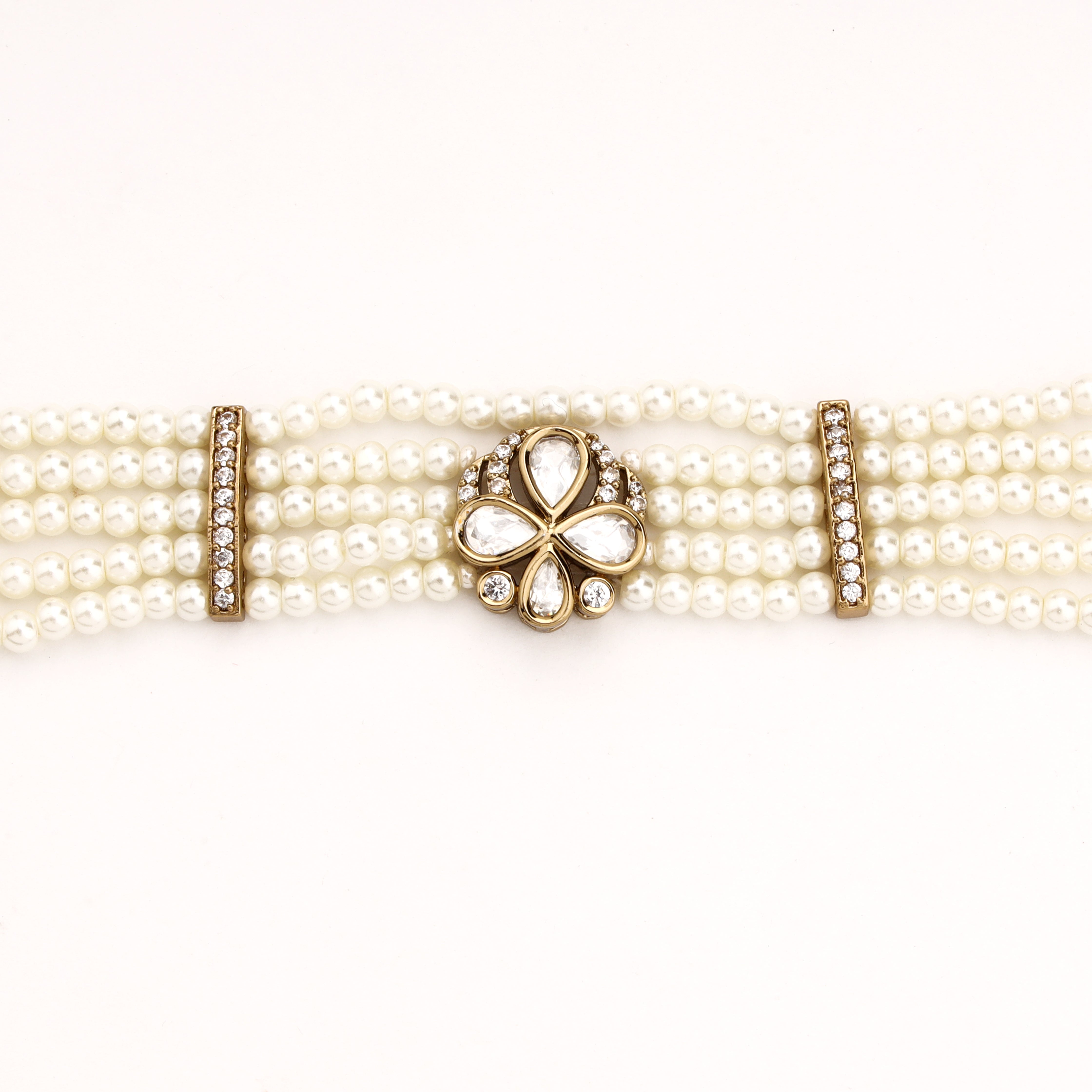 Antique Gold Floral Kundan Medallion Multi-Strand Pearl Traditional Bracelet