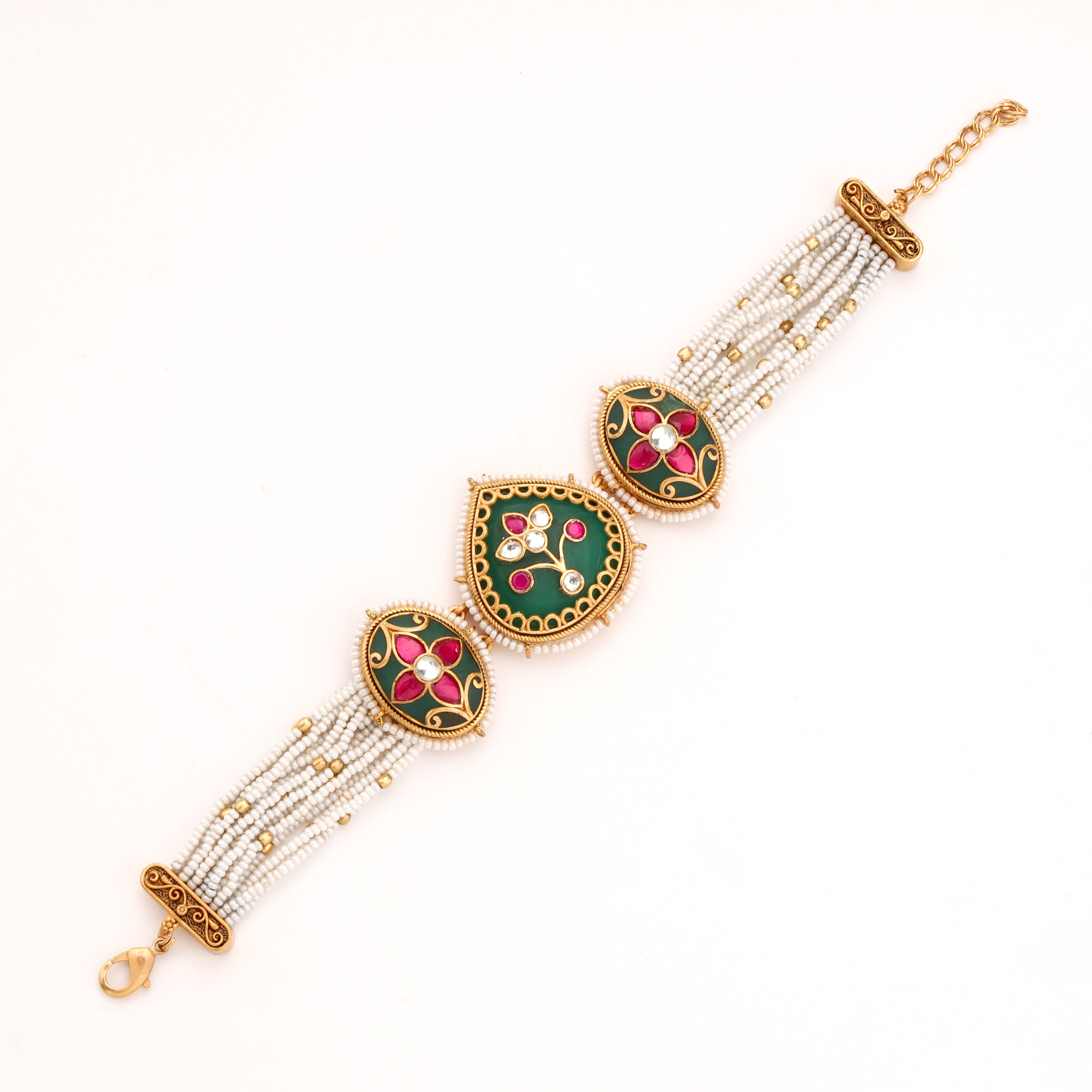 Foliate Enamel Stone Medallion Multi-Strand Pearl Traditional Bracelet
