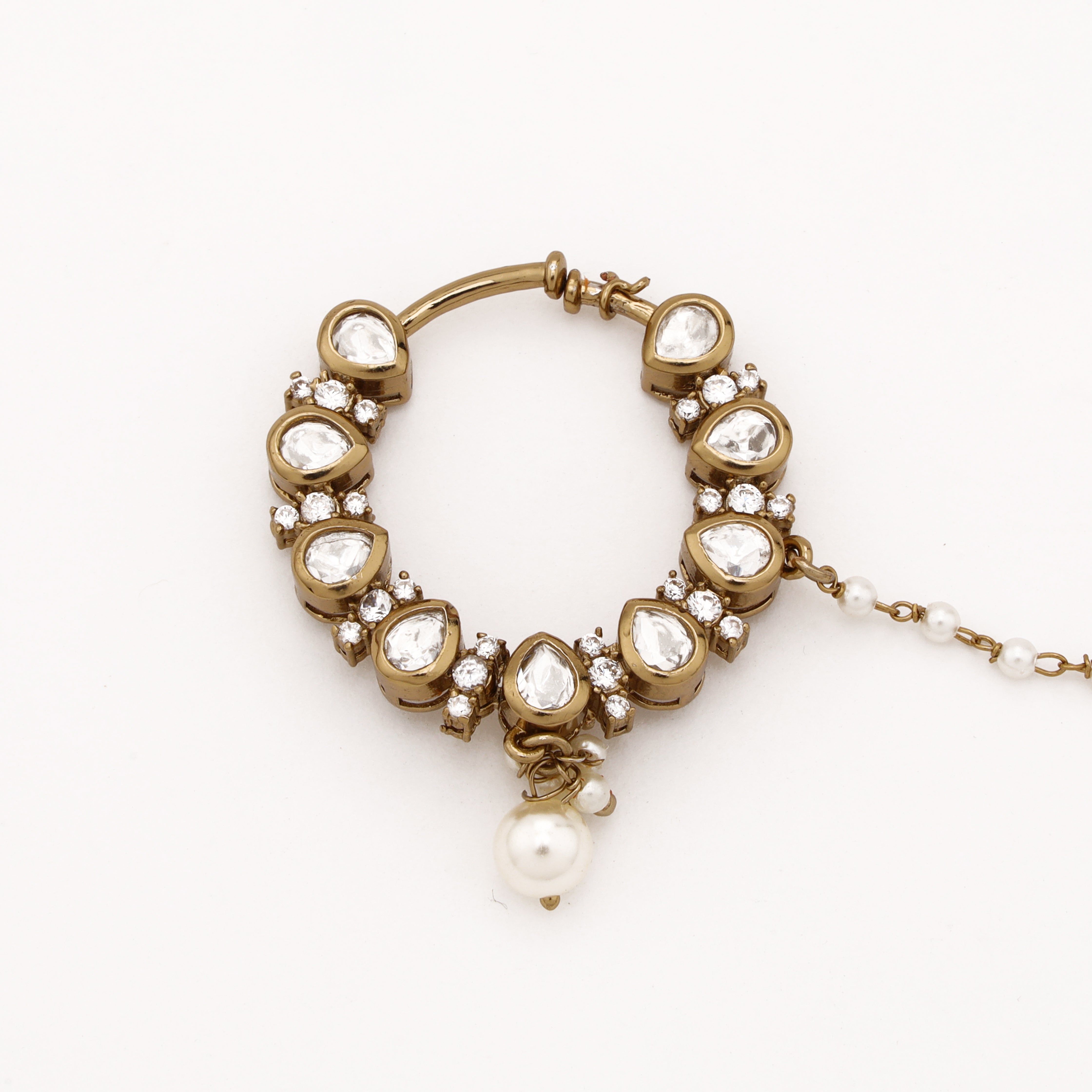 Antique gold Tanirika teardrop polki pearl nath with white stones, crystal accents and pearl-beaded chain from US Catalog