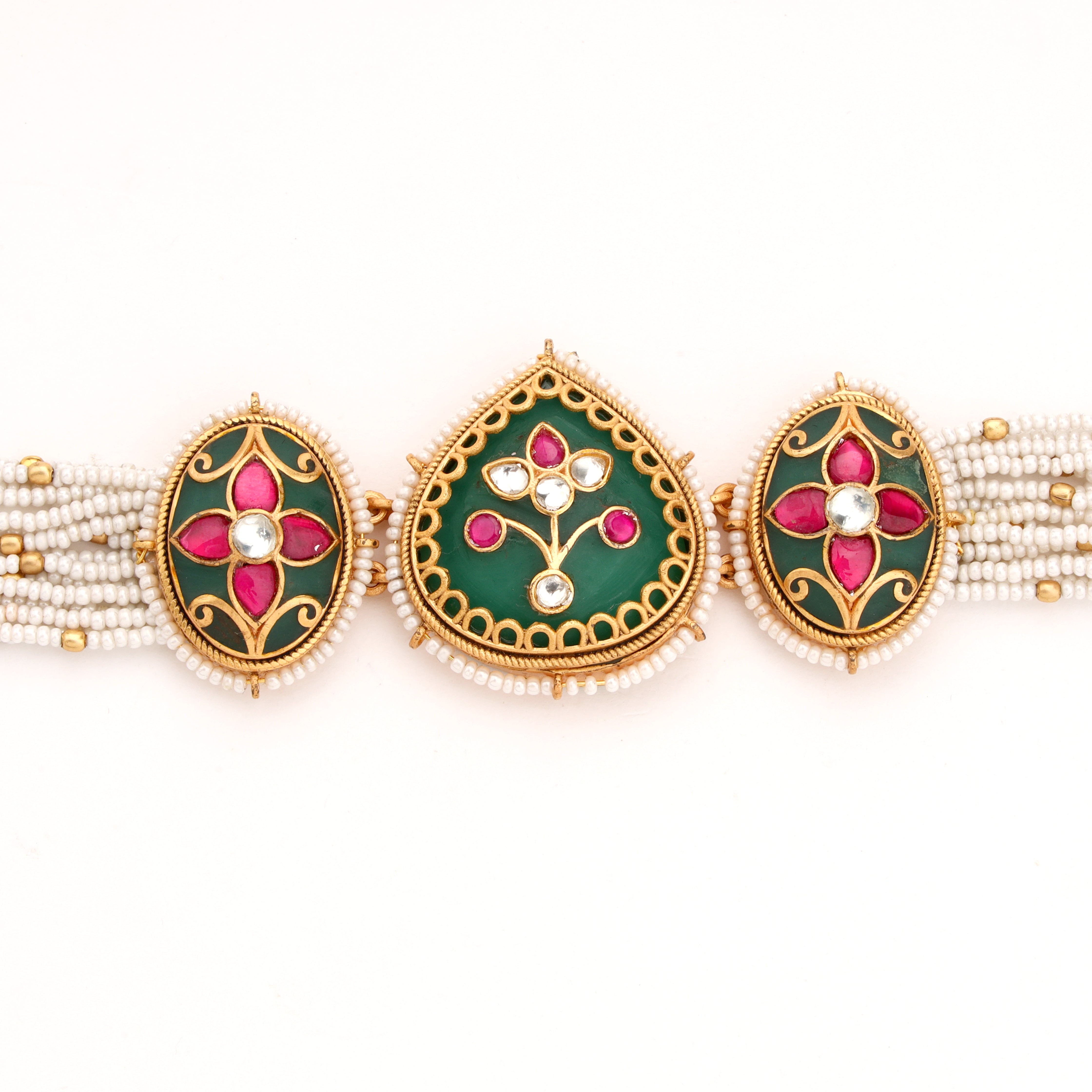 Foliate Enamel Stone Medallion Multi-Strand Pearl Traditional Bracelet