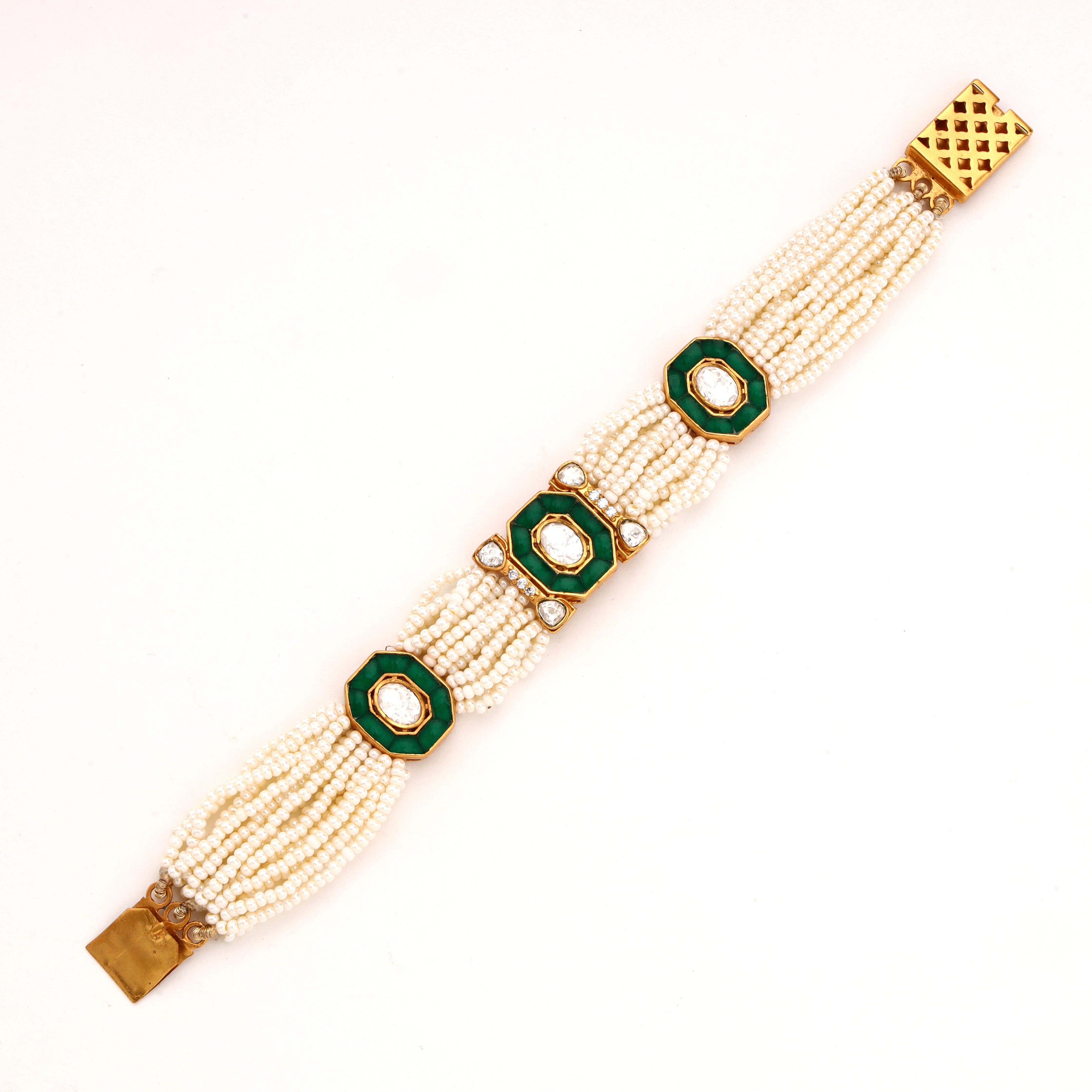 Geometric Kundan Enamel Medallion Multi-Strand Pearl Traditional Bracelet