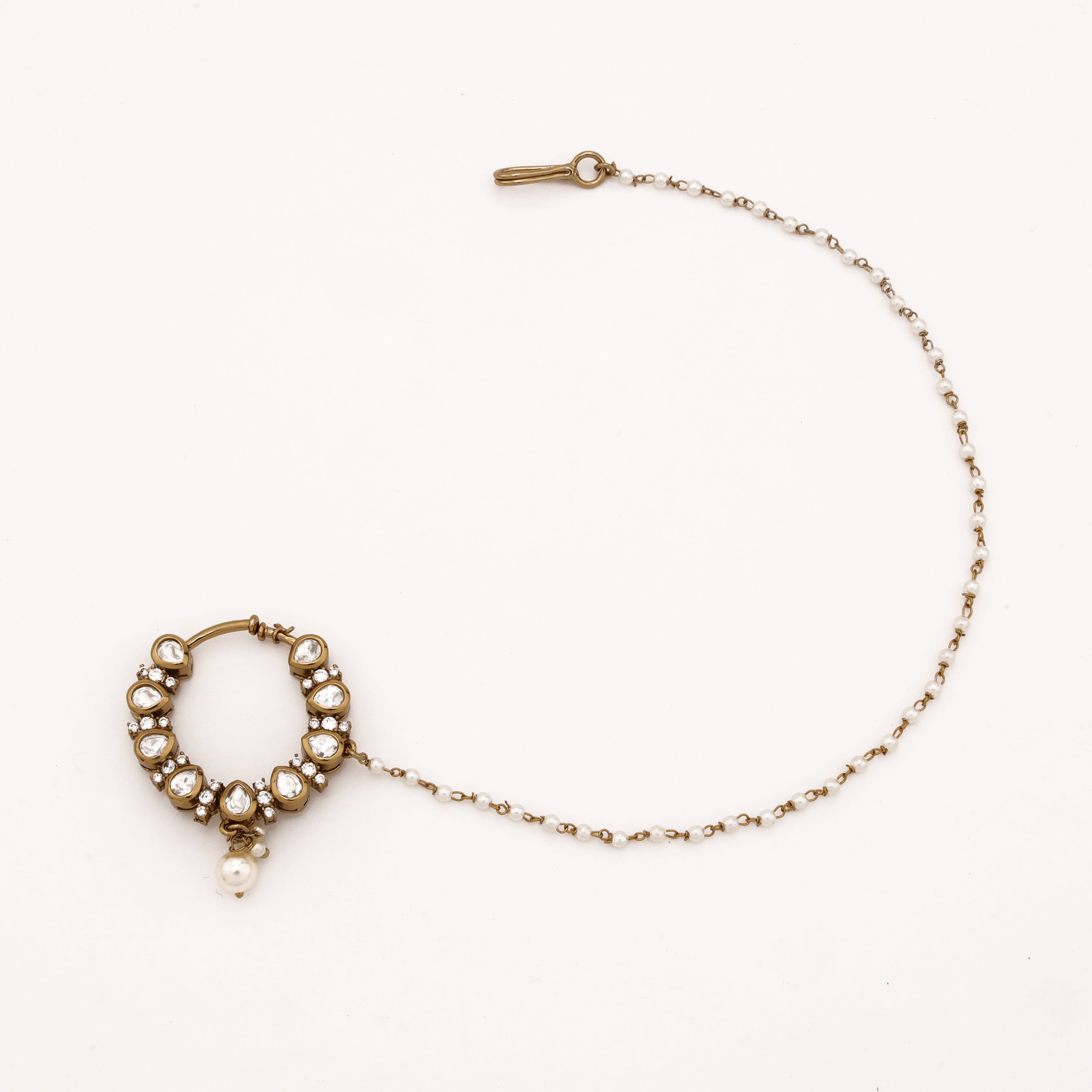 Antique gold Tanirika teardrop polki pearl nath with white stones, crystal accents and pearl-beaded chain from US Catalog