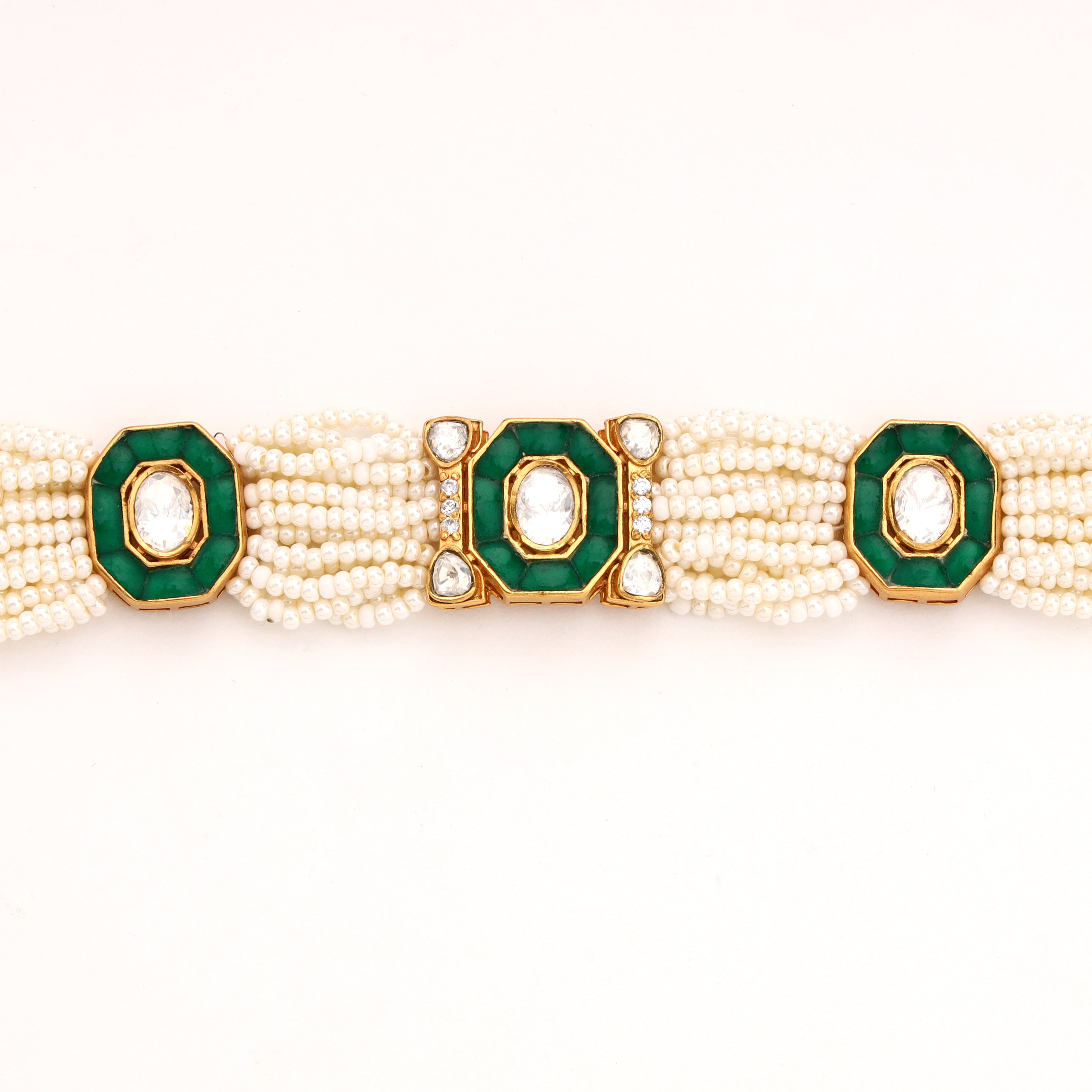 Geometric Kundan Enamel Medallion Multi-Strand Pearl Traditional Bracelet