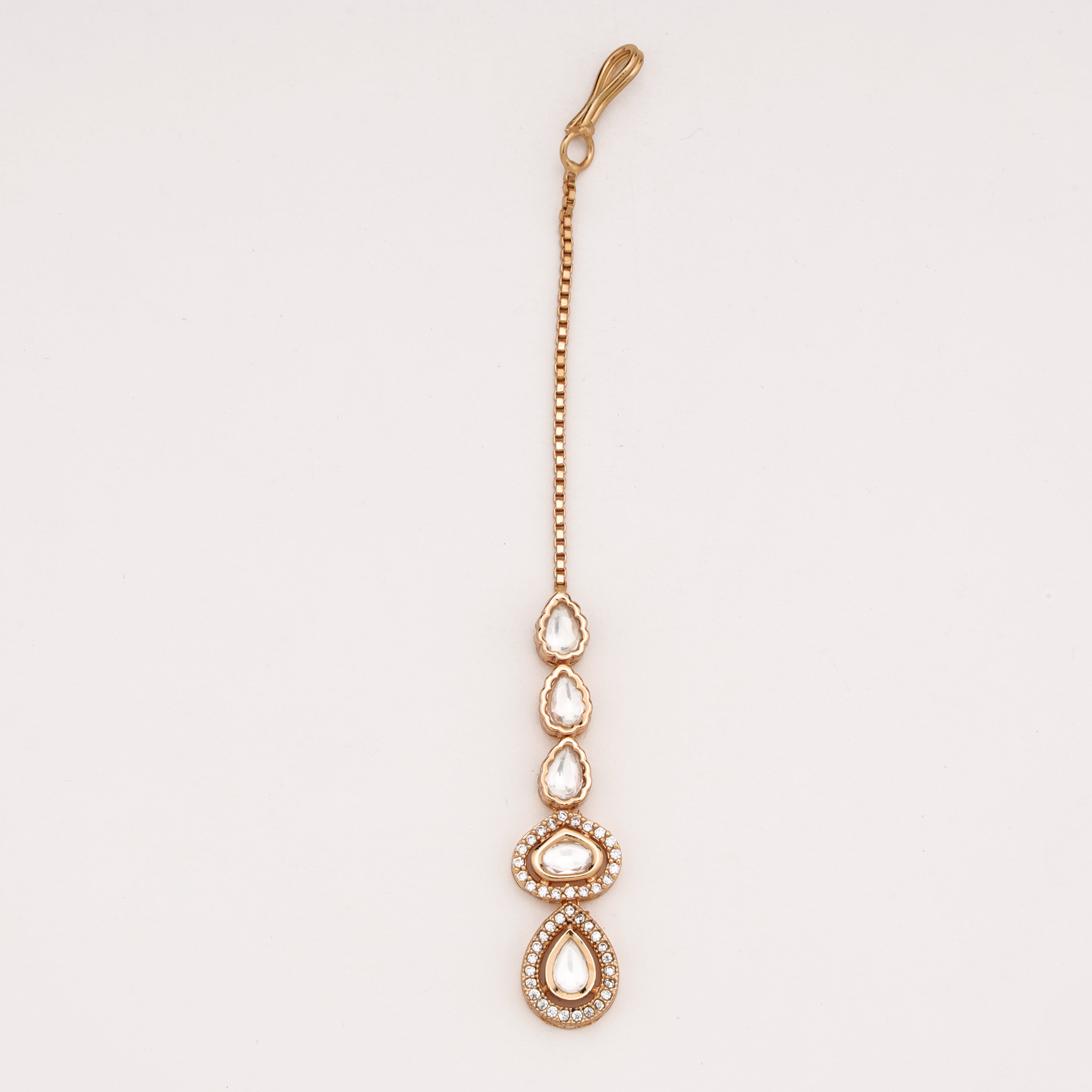 Gold Finish White Kundan Linear Sleek Maang Tikka with Pavé Halo