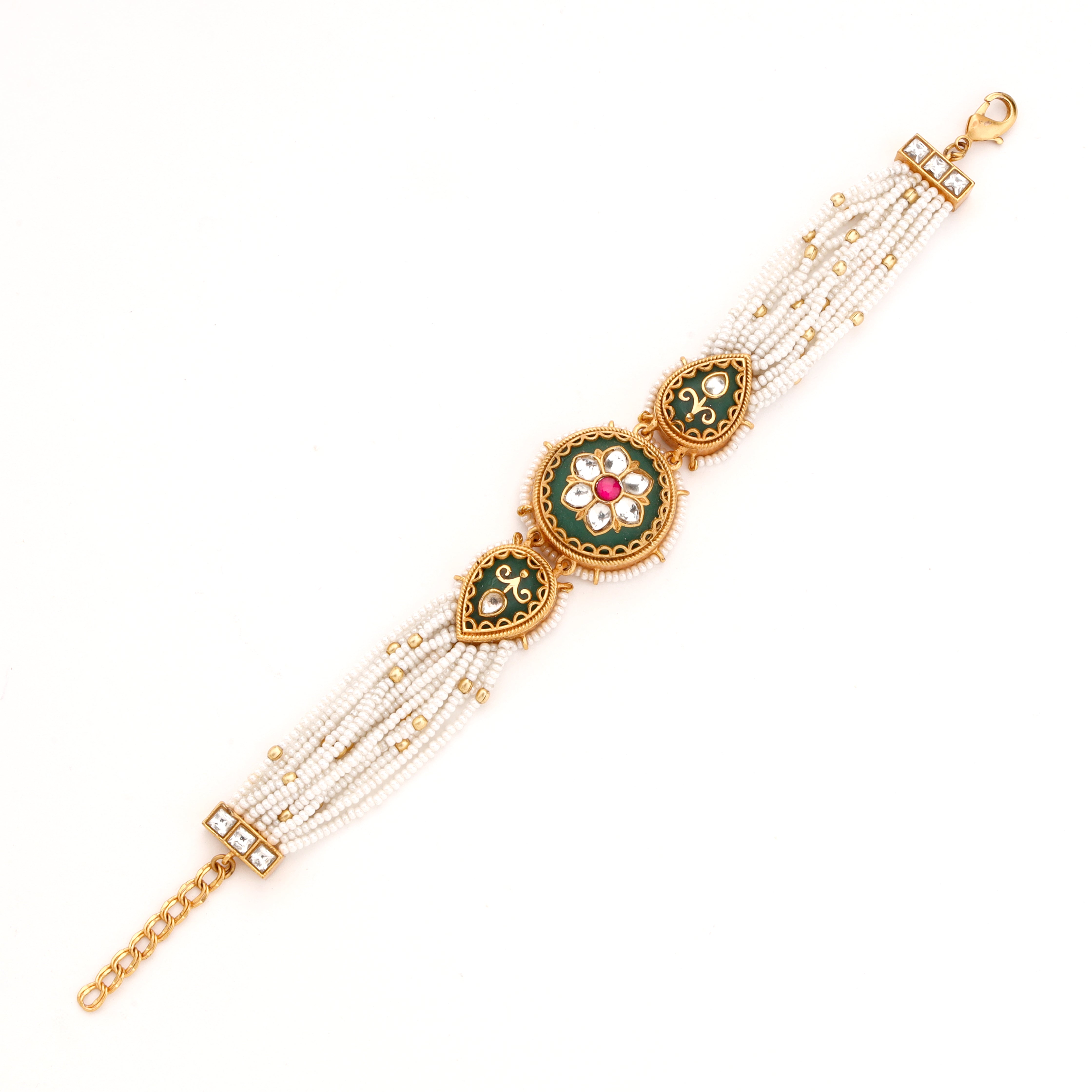 Floral Enamel Kundan Medallion Multi-Strand Pearl Traditional Bracelet