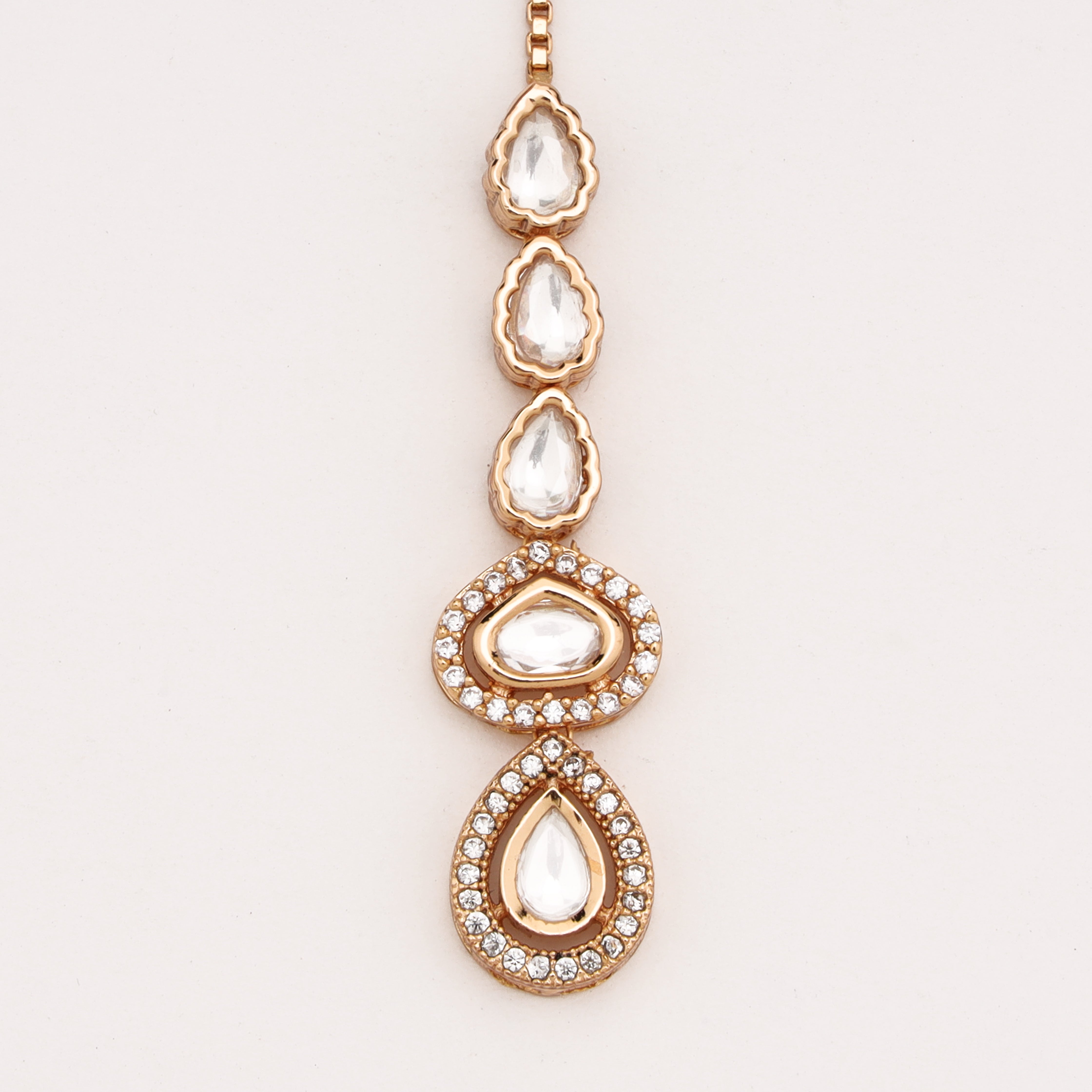 Gold Finish White Kundan Linear Sleek Maang Tikka with Pavé Halo