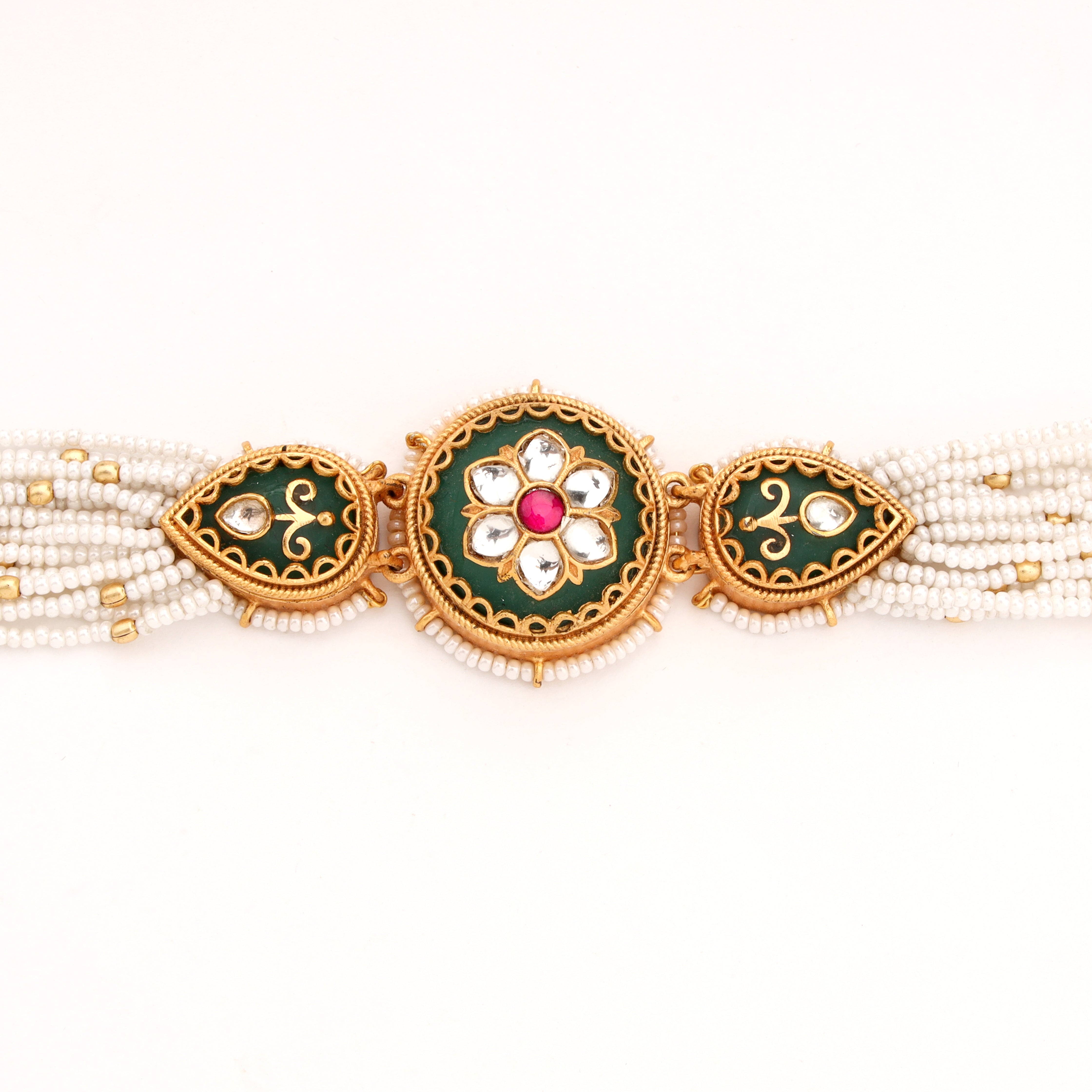 Floral Enamel Kundan Medallion Multi-Strand Pearl Traditional Bracelet