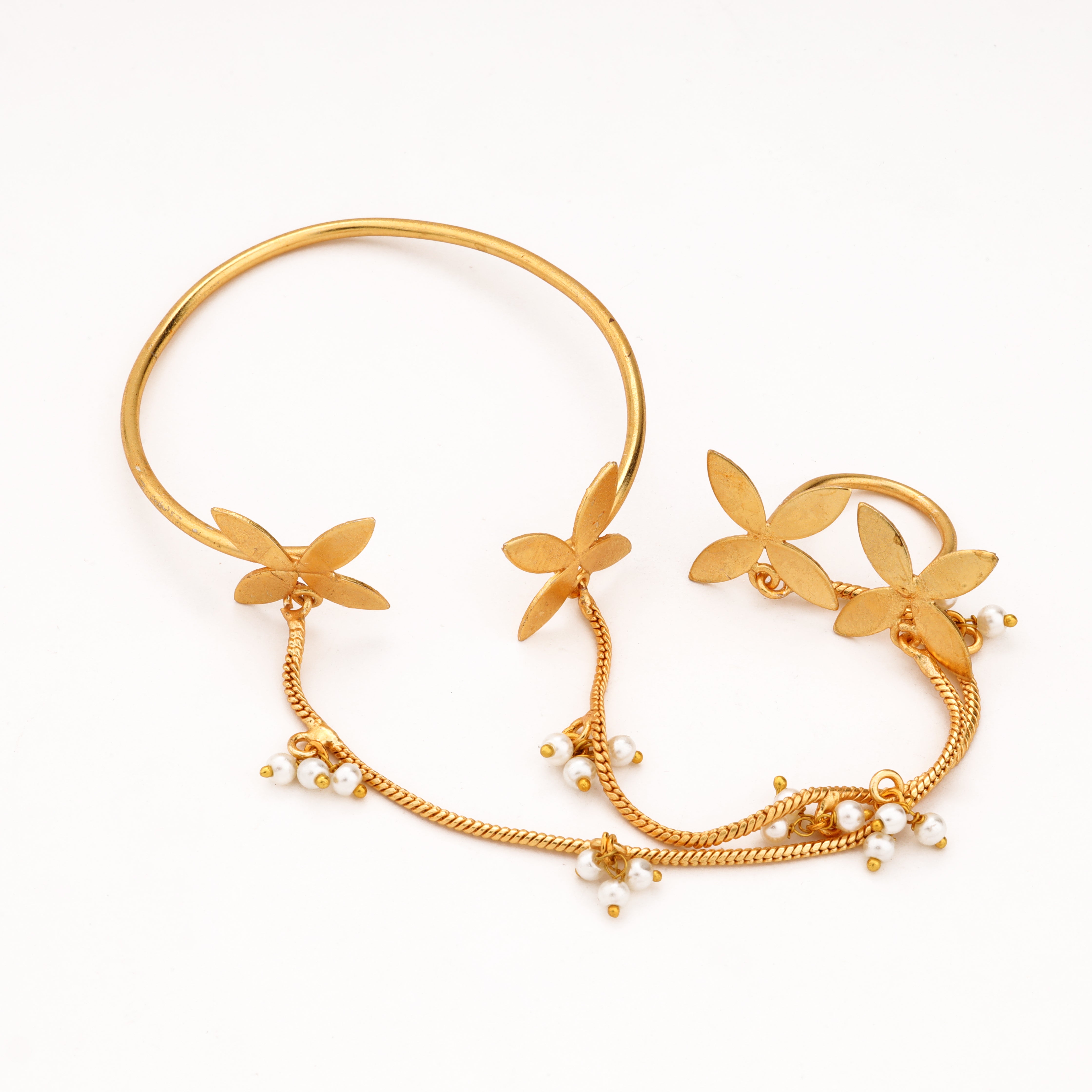 Gold-tone twin floral pearl chain pocha with open cuff bangle, matching finger ring and white pearl charms