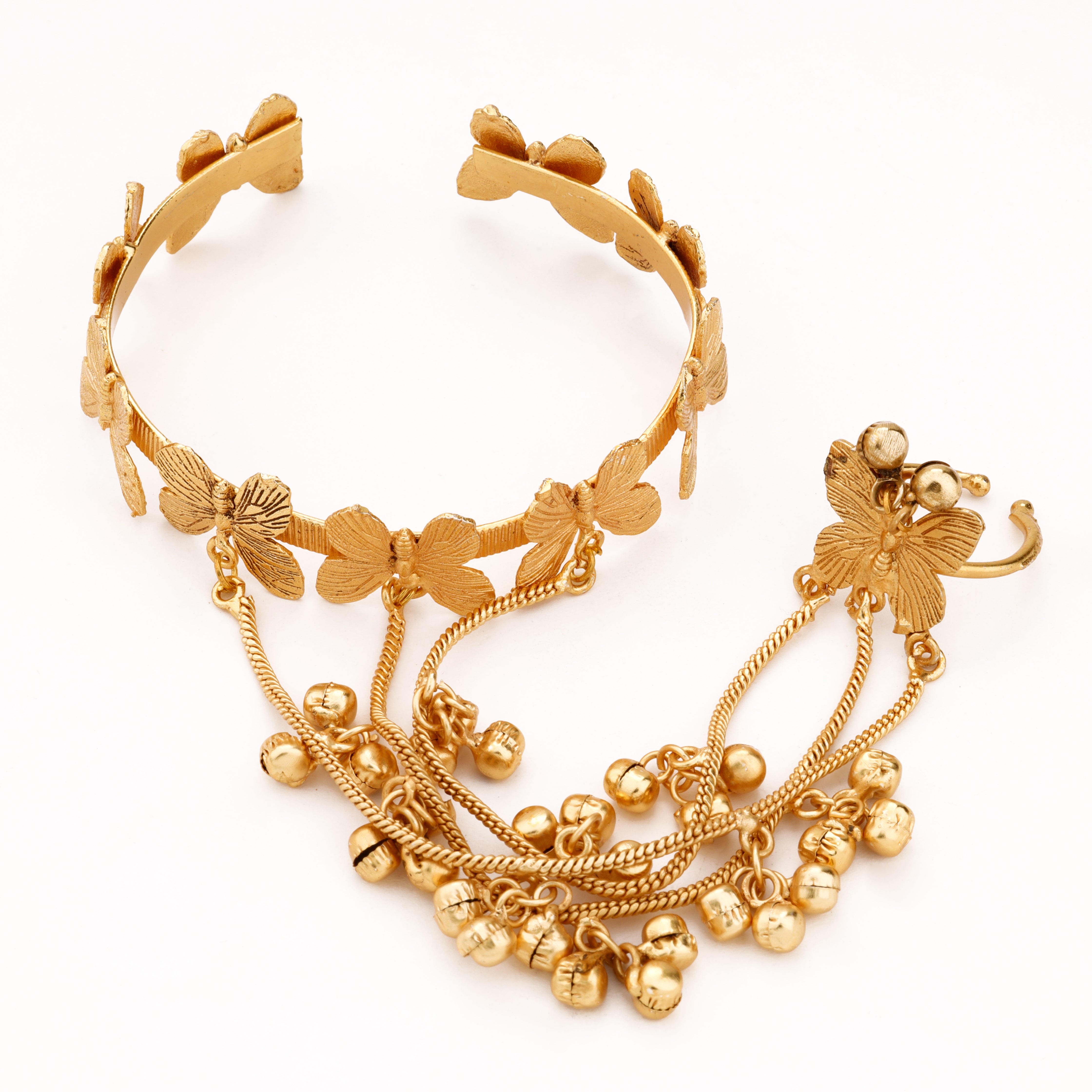 Gold-tone floral ghungroo chain pocha with open cuff bangle, matching ring and layered dangling charms
