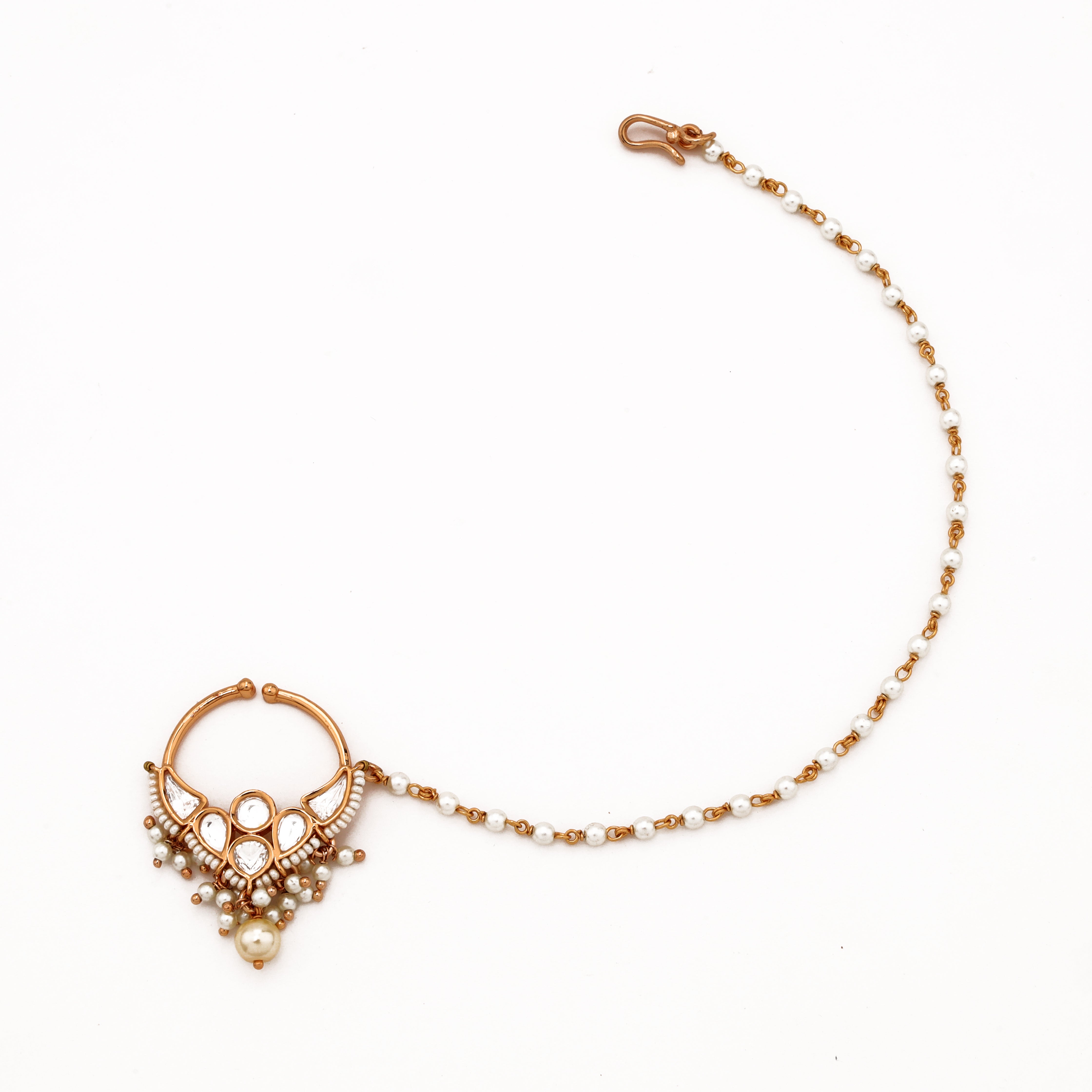 Rose gold Riyara fan motif polki pearl nath with white stones, layered pearl drops and attached beaded chain from US Catalog